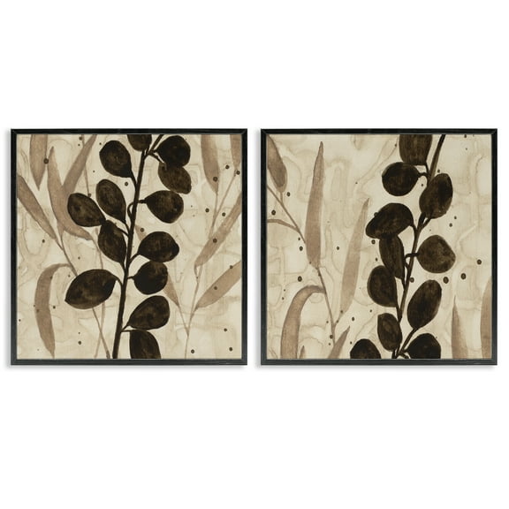 Stupell Industries Natural Tone Sprouting Leaves Floral Painting Black Framed Art Print Wall Art, 12 x 12, Set of 2