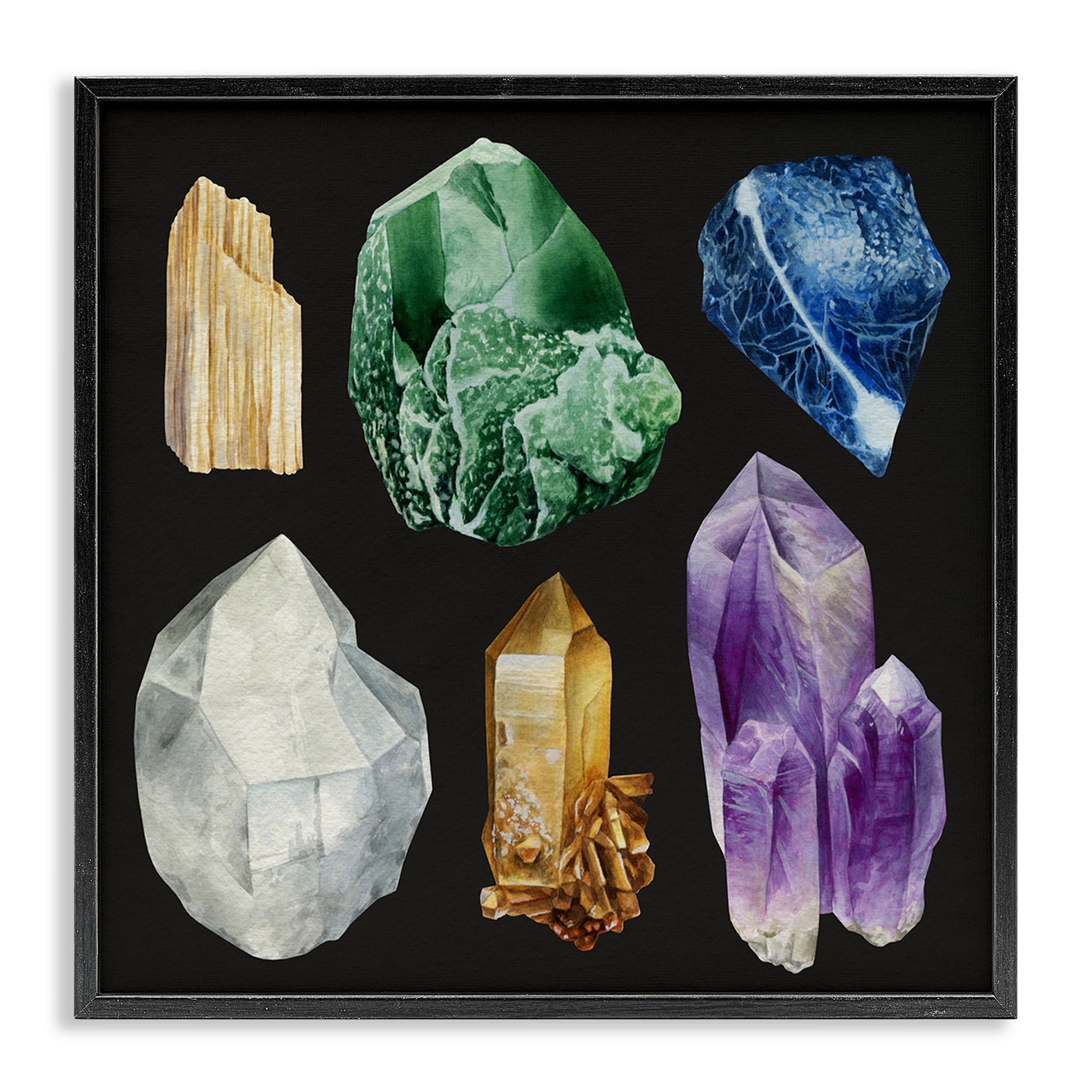 Stupell Industries Natural Varied Gemstones STEM Painting Black Framed Art Print Wall Art, 12 x 12