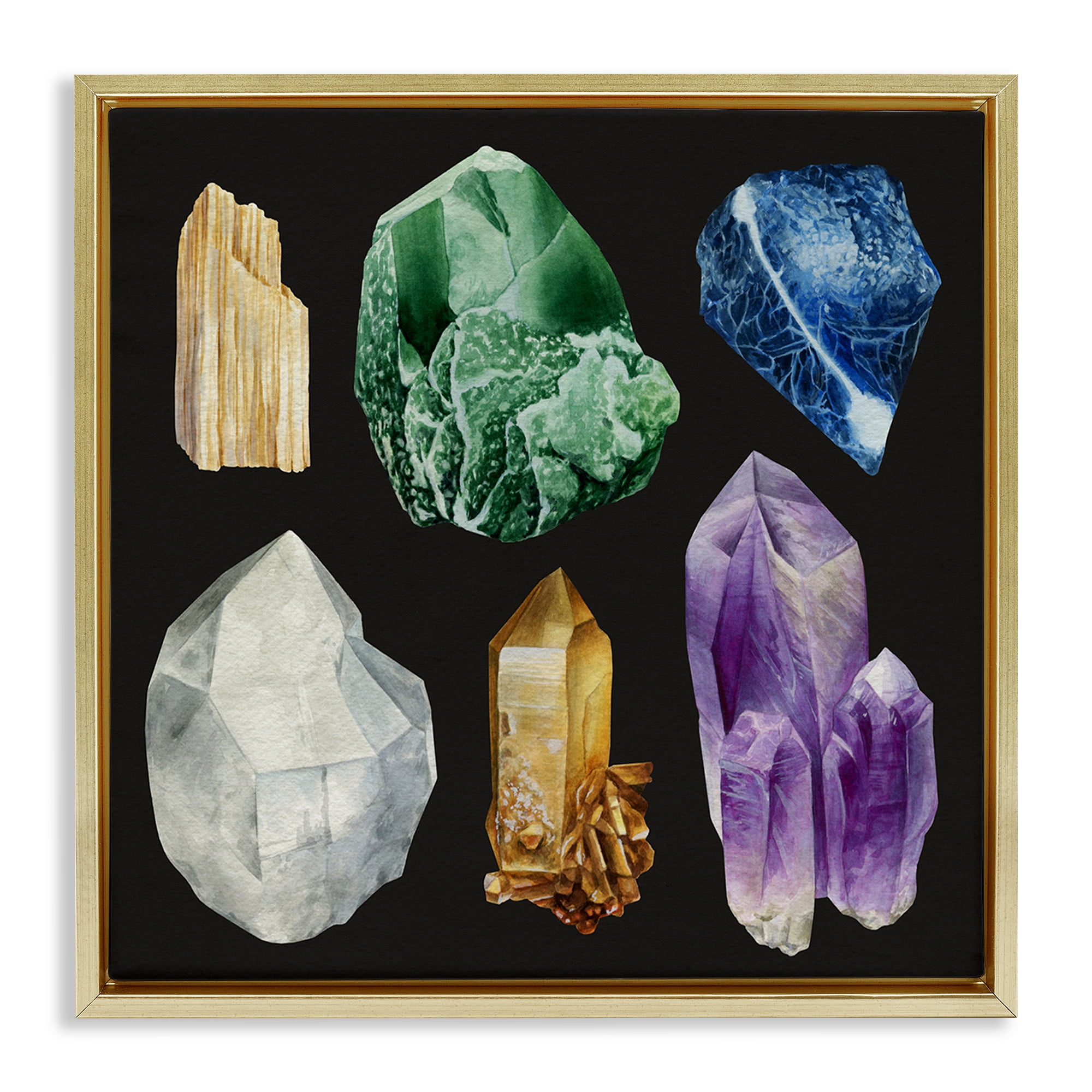 Stupell Industries Natural Varied Gemstones STEM Painting Gold Floater Framed Canvas Art Print Wall Art, 18 x 18