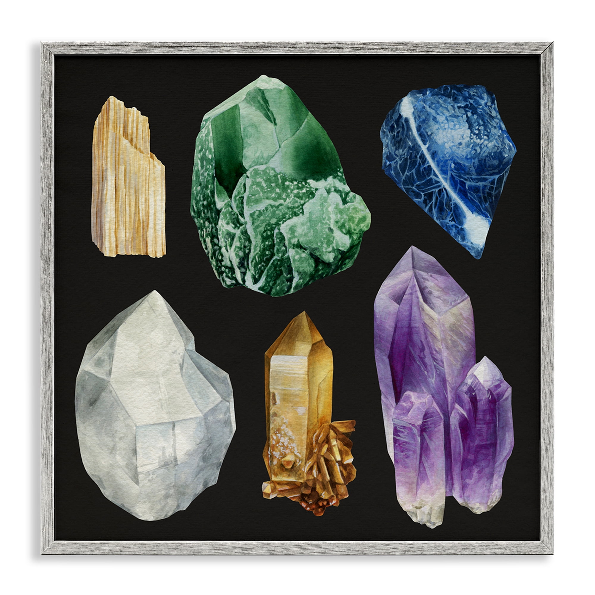 Stupell Industries Natural Varied Gemstones STEM Painting Gray Framed Art Print Wall Art, 24 x 24