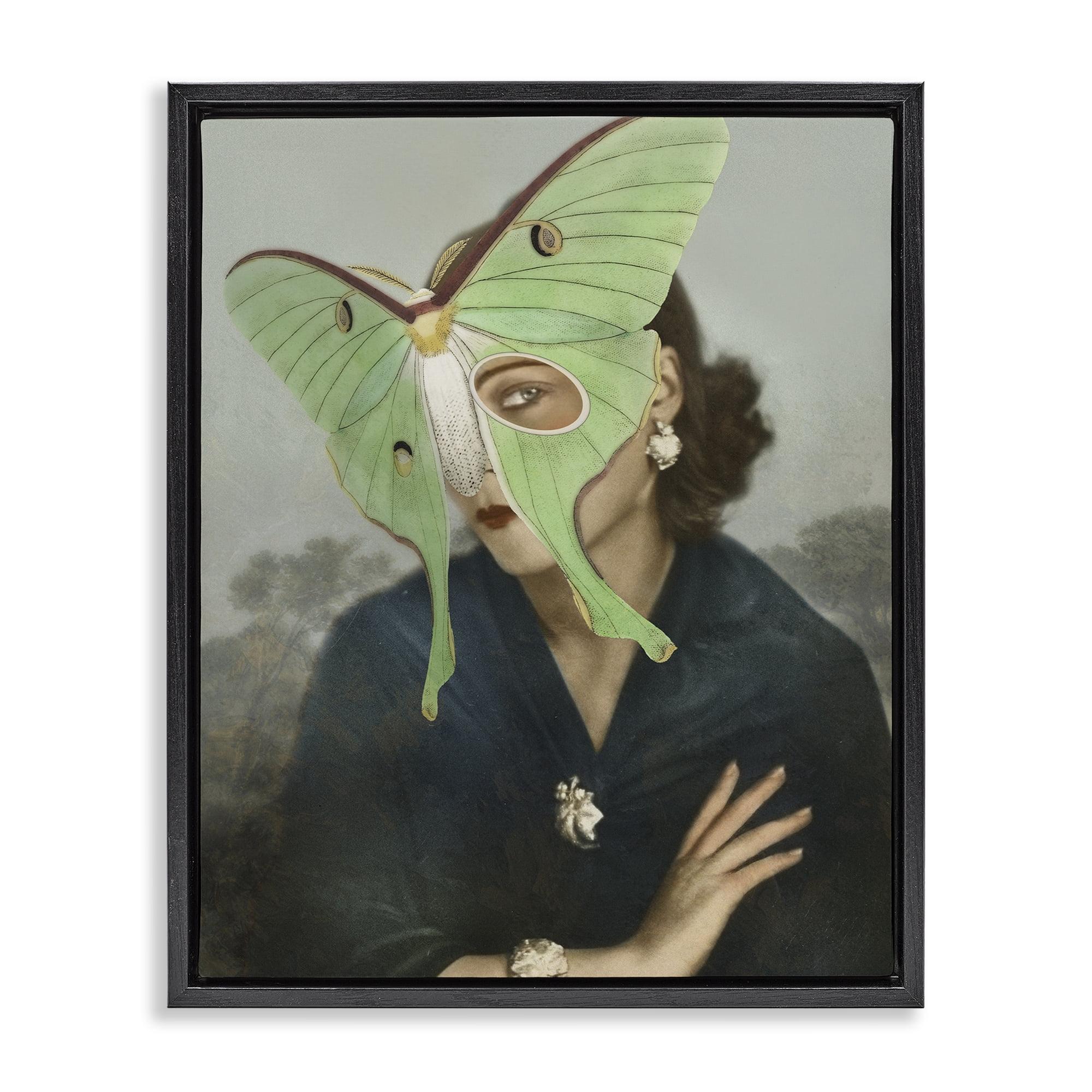 Stupell Industries Naturalist Portrait with Moth Black Framed Floater Canvas Wall Art, design by Victoria Barnes