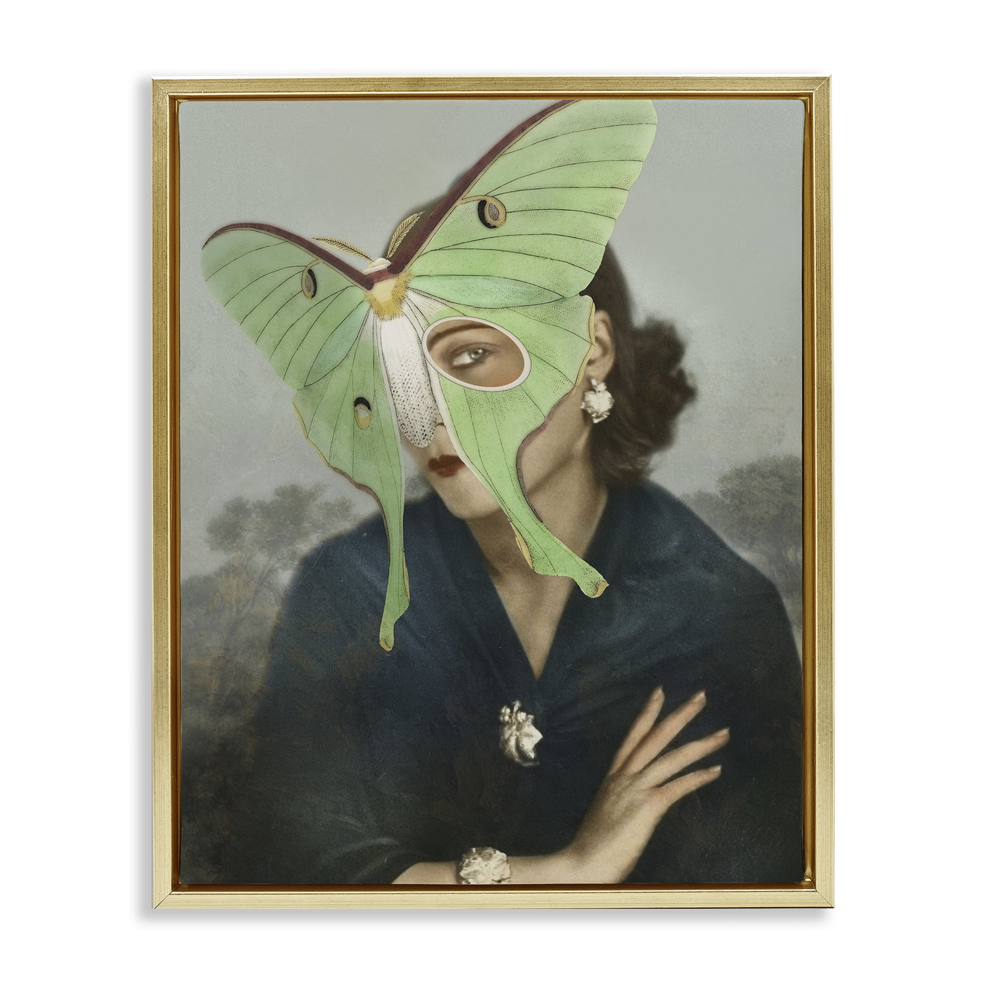Stupell Industries Naturalist Portrait with Moth Gold Framed Floater Canvas Wall Art, design by Victoria Barnes