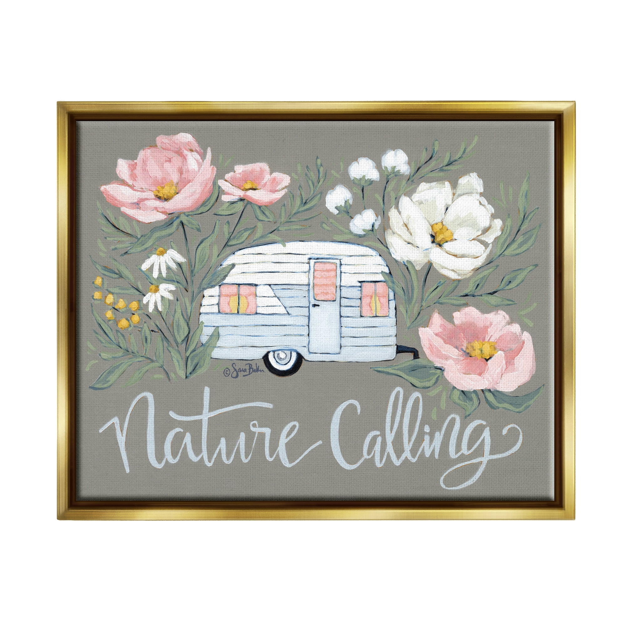 Stupell Industries Nature Calling Floral Camper Botanical & Floral Painting Gold Floater Framed Art Print Wall Art, 21 x 17