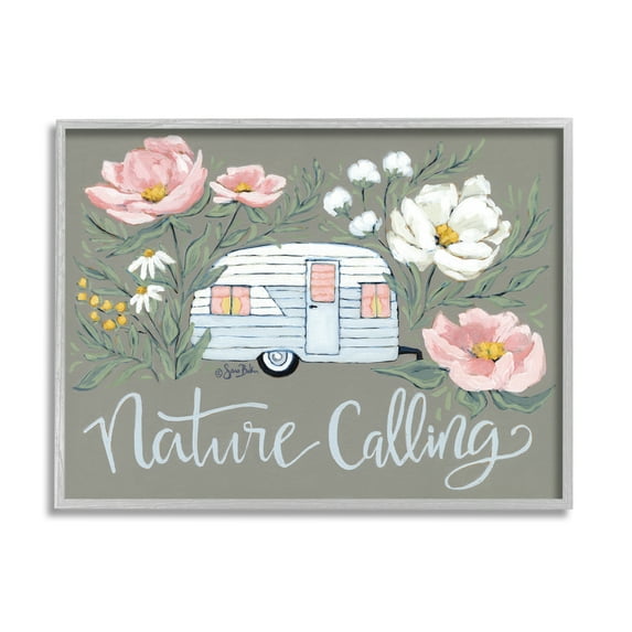 Stupell Industries Nature Calling Floral Camper Botanical & Floral Painting Gray Framed Art Print Wall Art, 30 x 24