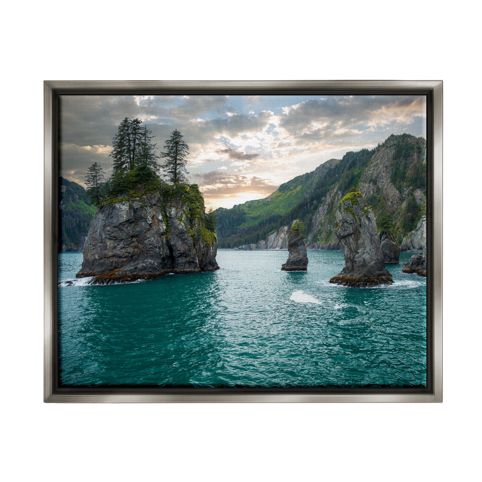 Stupell Industries Nature Cliffs Jutting from Sea Landscape Photography Gray Floater Framed Canvas Art Print Wall Art, 21 x 17