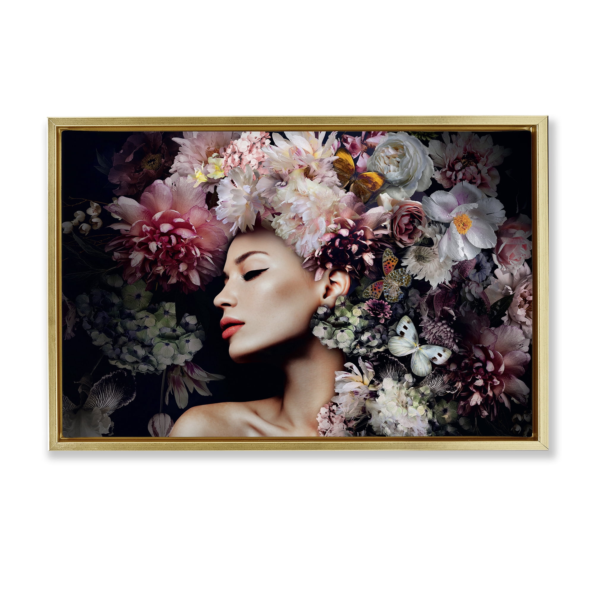 Stupell Industries Nature Florals Female Portrait Plants & Flowers Painting Gold Floater Framed Canvas Art Print Wall Art, 31 x 21