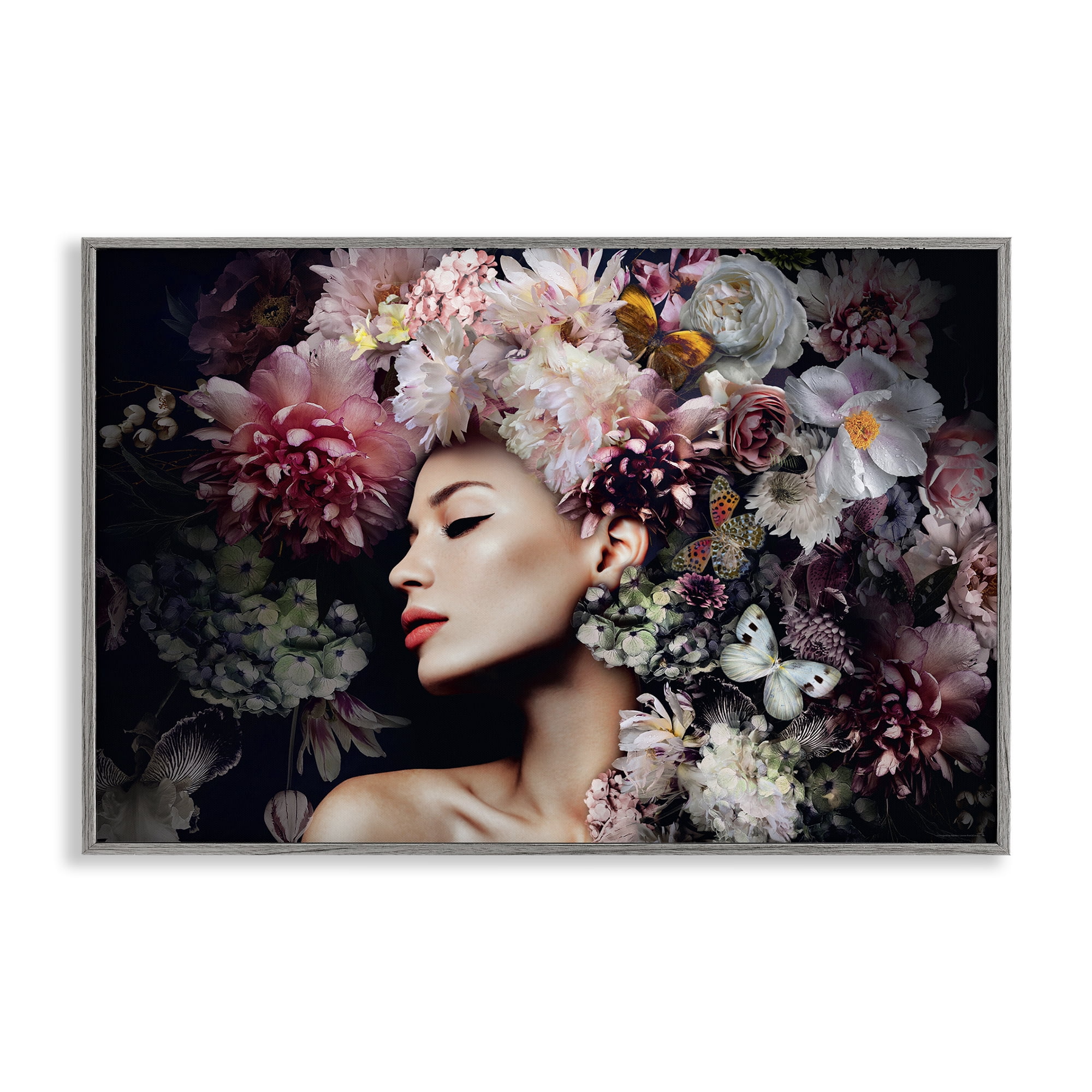 Stupell Industries Nature Florals Female Portrait Plants & Flowers Painting Gray Framed Art Print Wall Art, 18 x 12