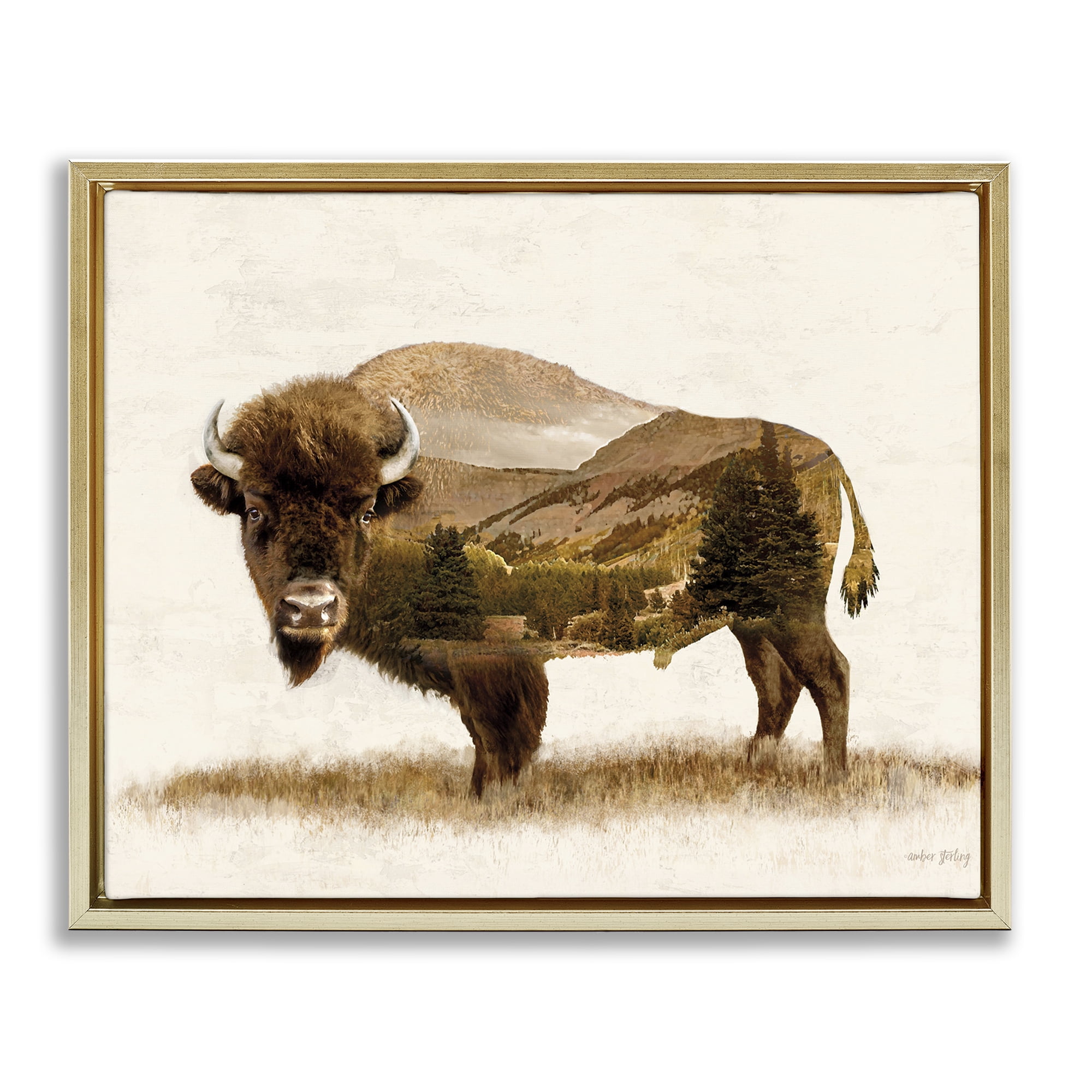 Stupell Industries Nature Patterned Bison Animals & Insects Painting Gold Floater Framed Art Print Wall Art, 21 x 17