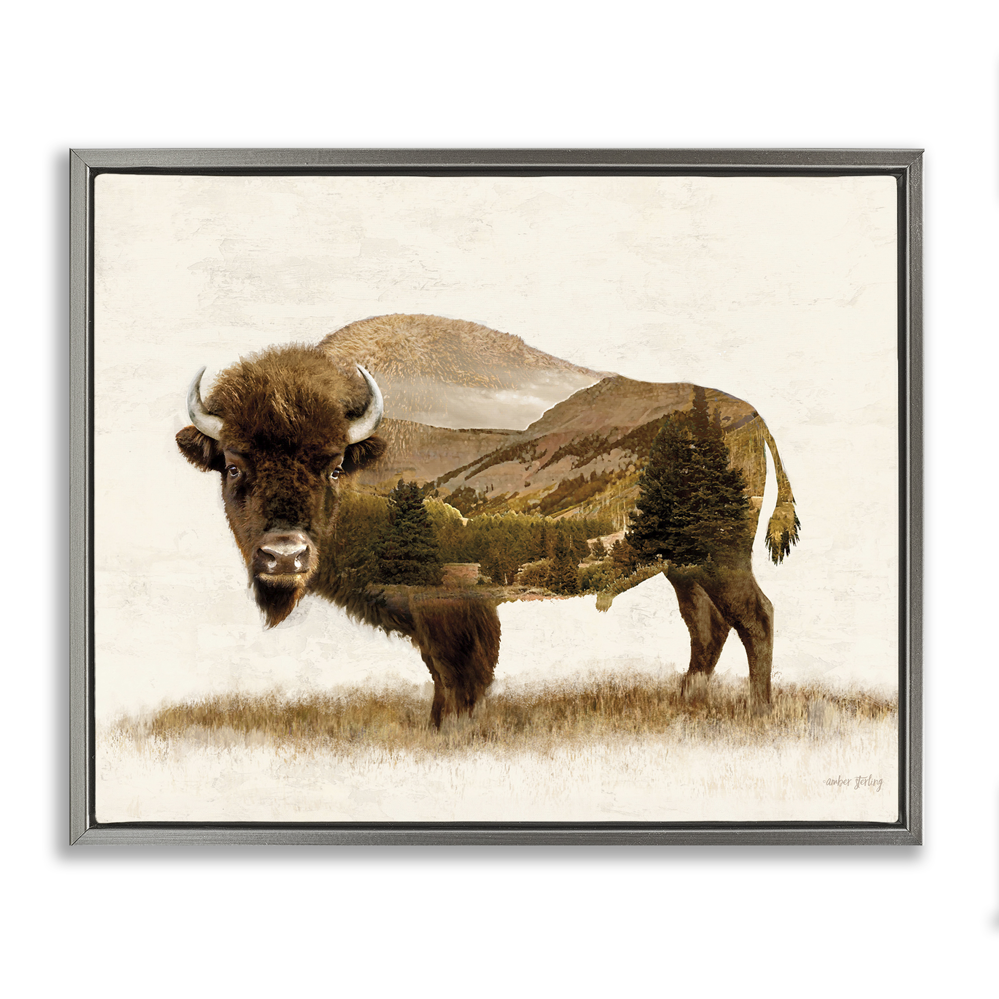 Stupell Industries Nature Patterned Bison Animals & Insects Painting Gray Floater Framed Art Print Wall Art, 31 x 25