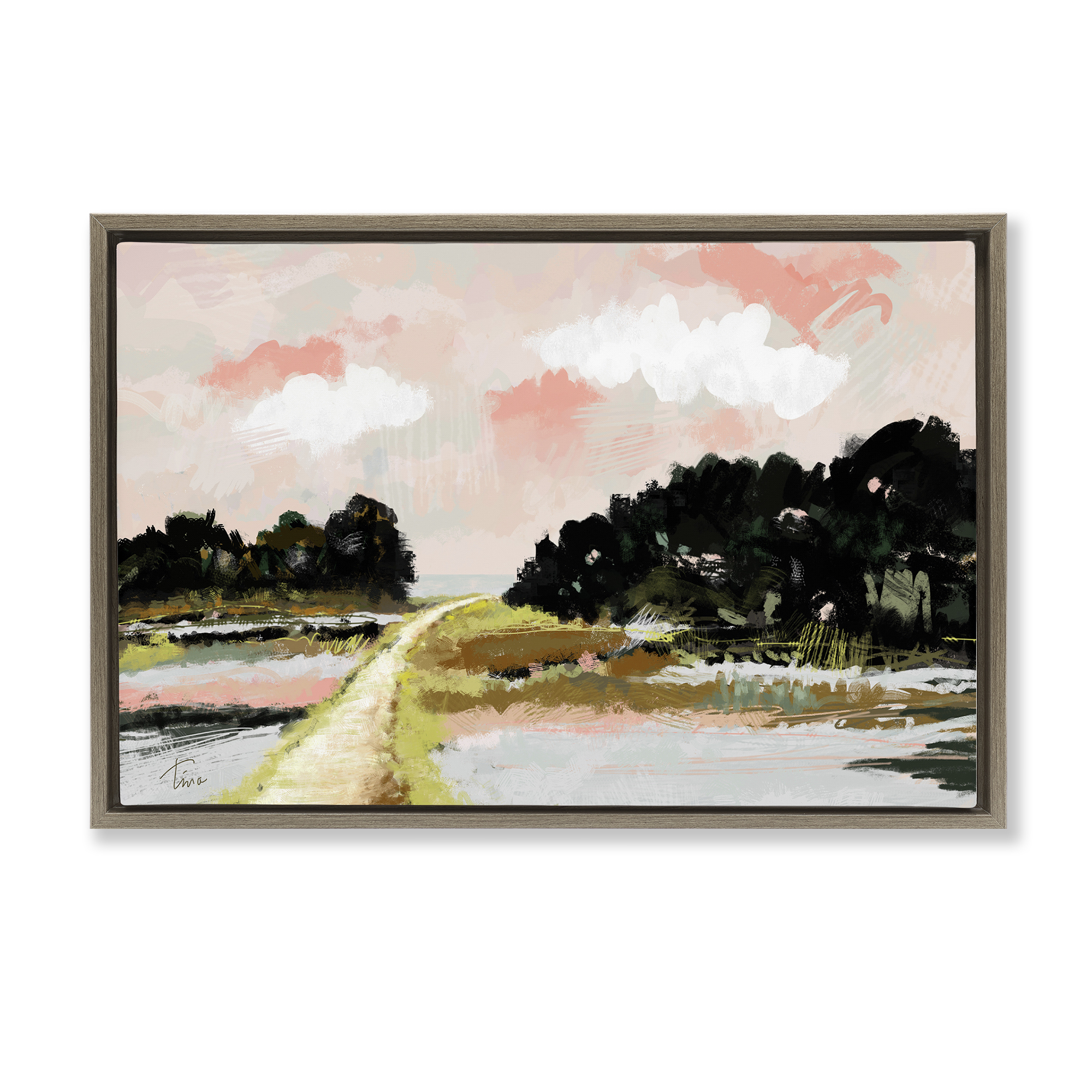 Stupell Industries Nature with Blush Sunrise Landscape & Nature Painting Brown Floater Framed Canvas Art Print Wall Art, 25 x 17