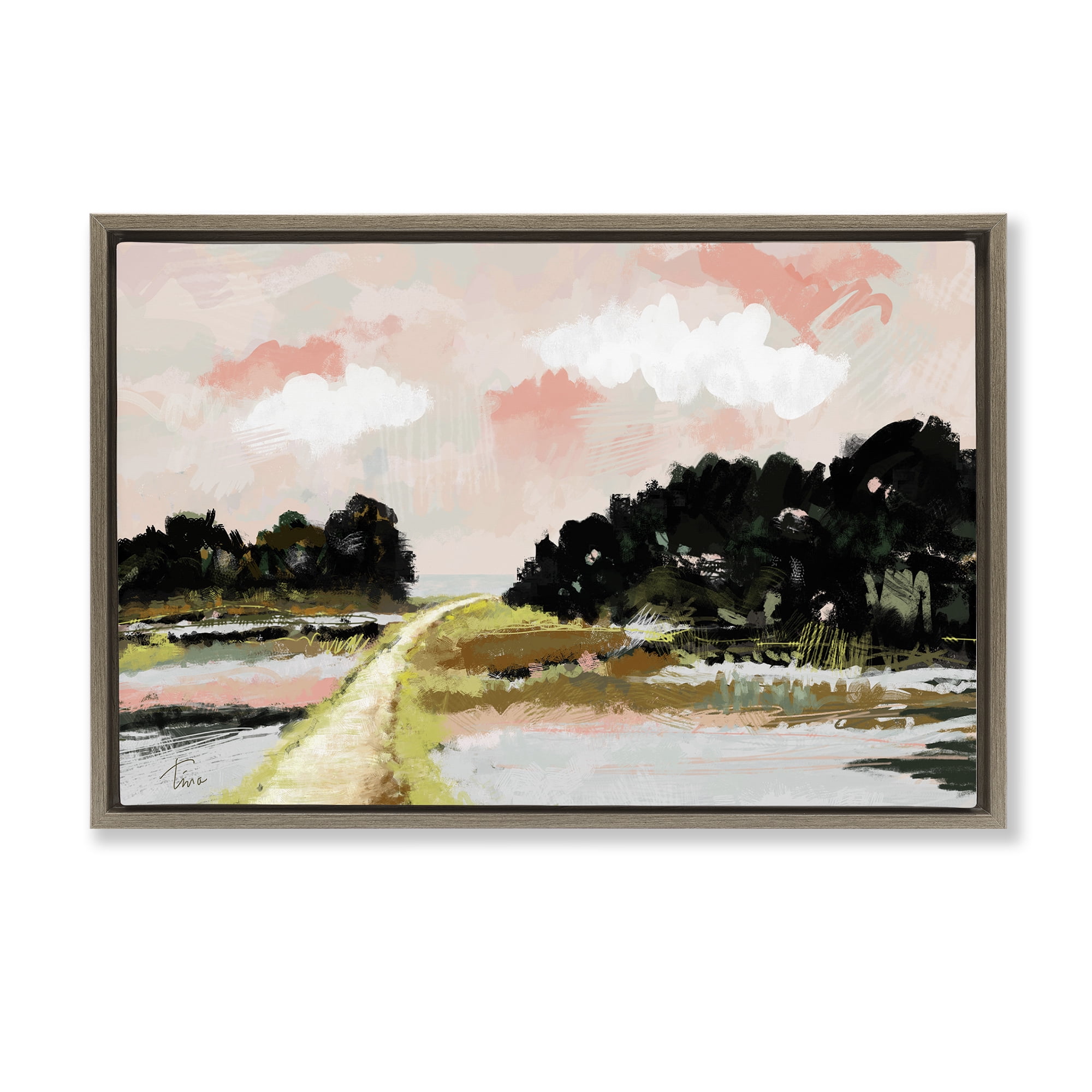 Stupell Industries Nature with Blush Sunrise Landscape & Nature Painting Brown Floater Framed Canvas Art Print Wall Art, 31 x 21