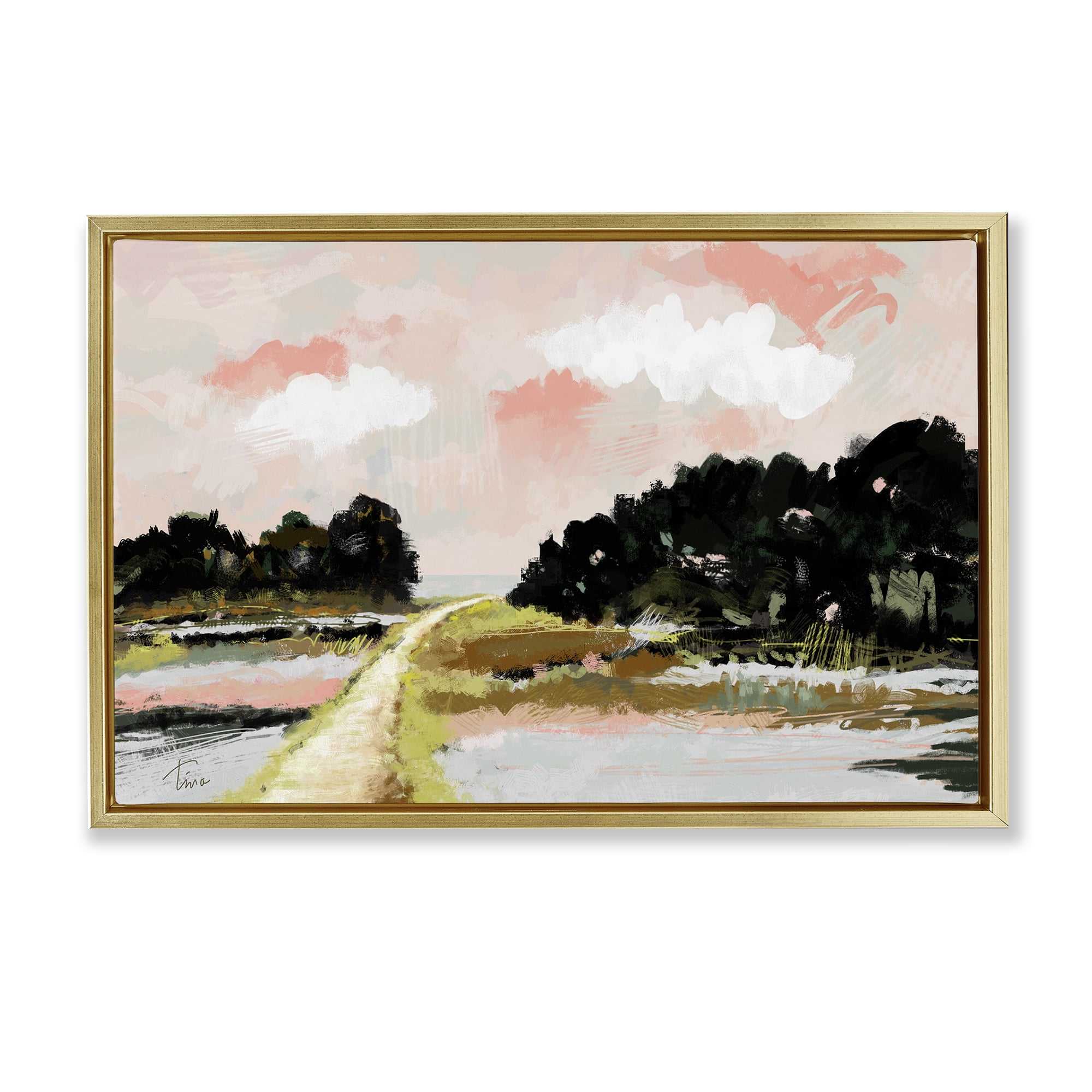 Stupell Industries Nature with Blush Sunrise Landscape & Nature Painting Gold Floater Framed Canvas Art Print Wall Art, 31 x 21