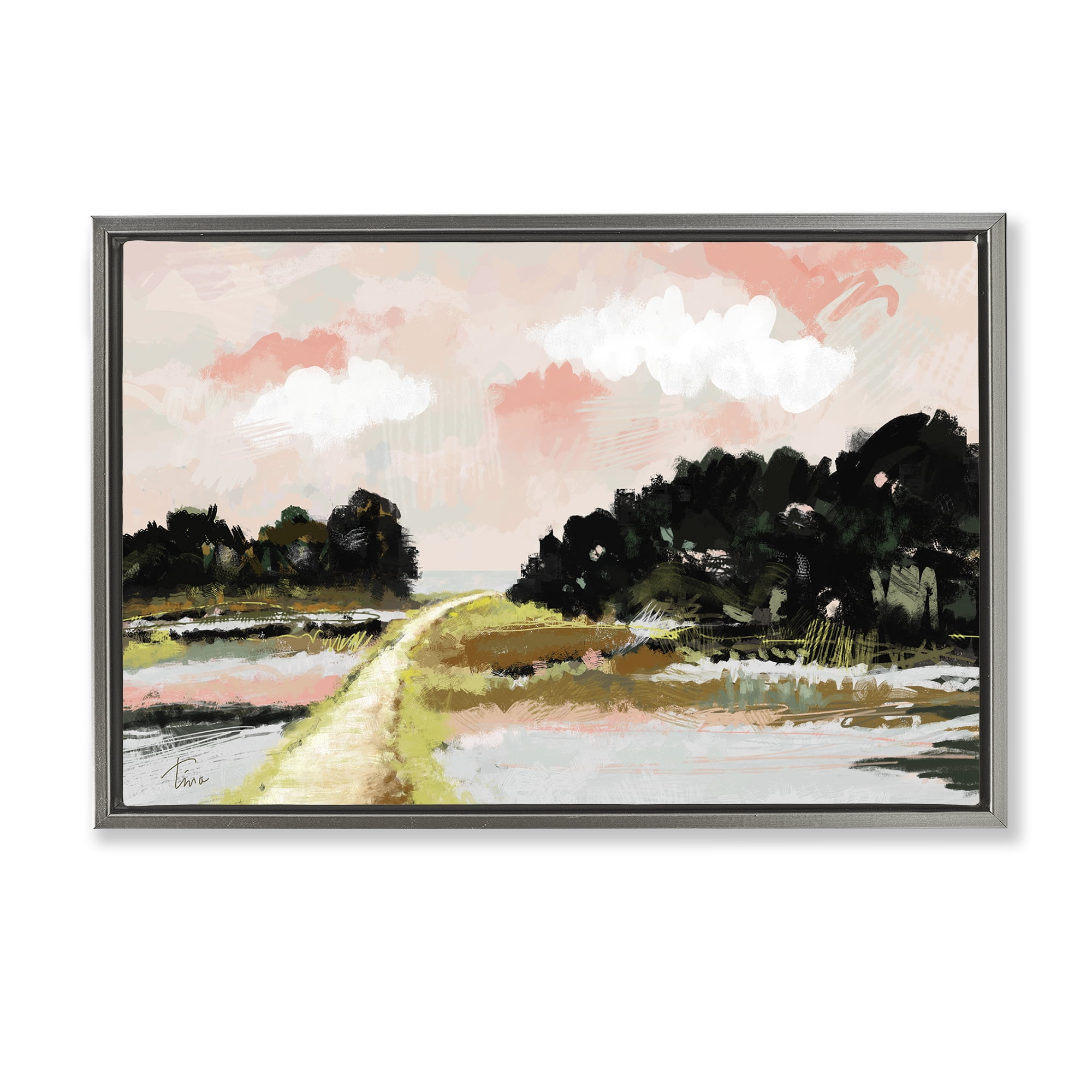 Stupell Industries Nature with Blush Sunrise Landscape & Nature Painting Gray Floater Framed Canvas Art Print Wall Art, 31 x 21