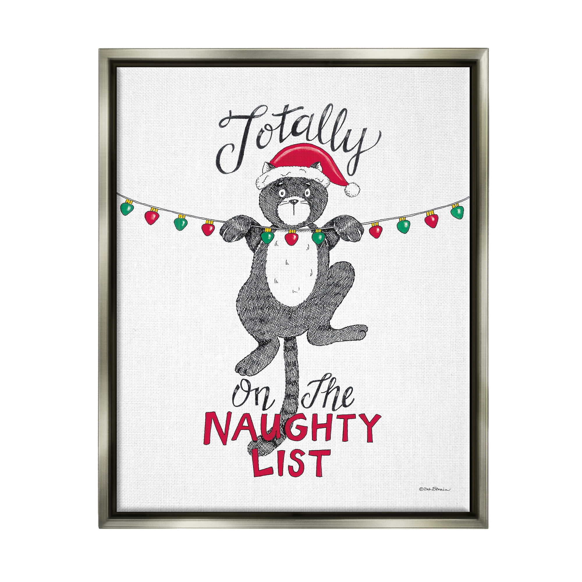 Stupell Industries Naughty List Cat Phrase Holiday Painting Gray Floater Framed Art Print Wall Art, 17 x 21