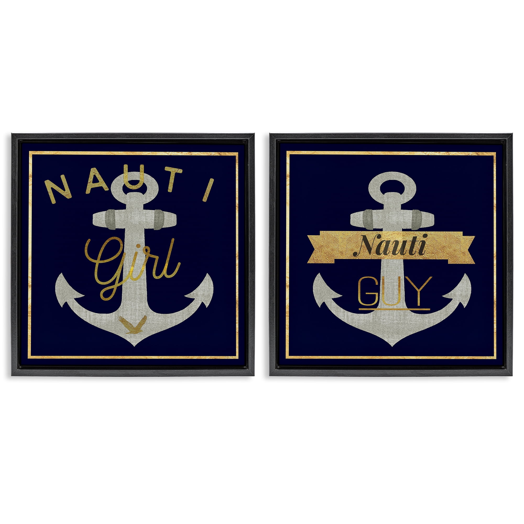 Stupell Industries Nauti Girl & Guy Anchors Nautical & Beach Painting Black Floater Framed Canvas Art Print Wall Art, 18 x 18, Set of 2
