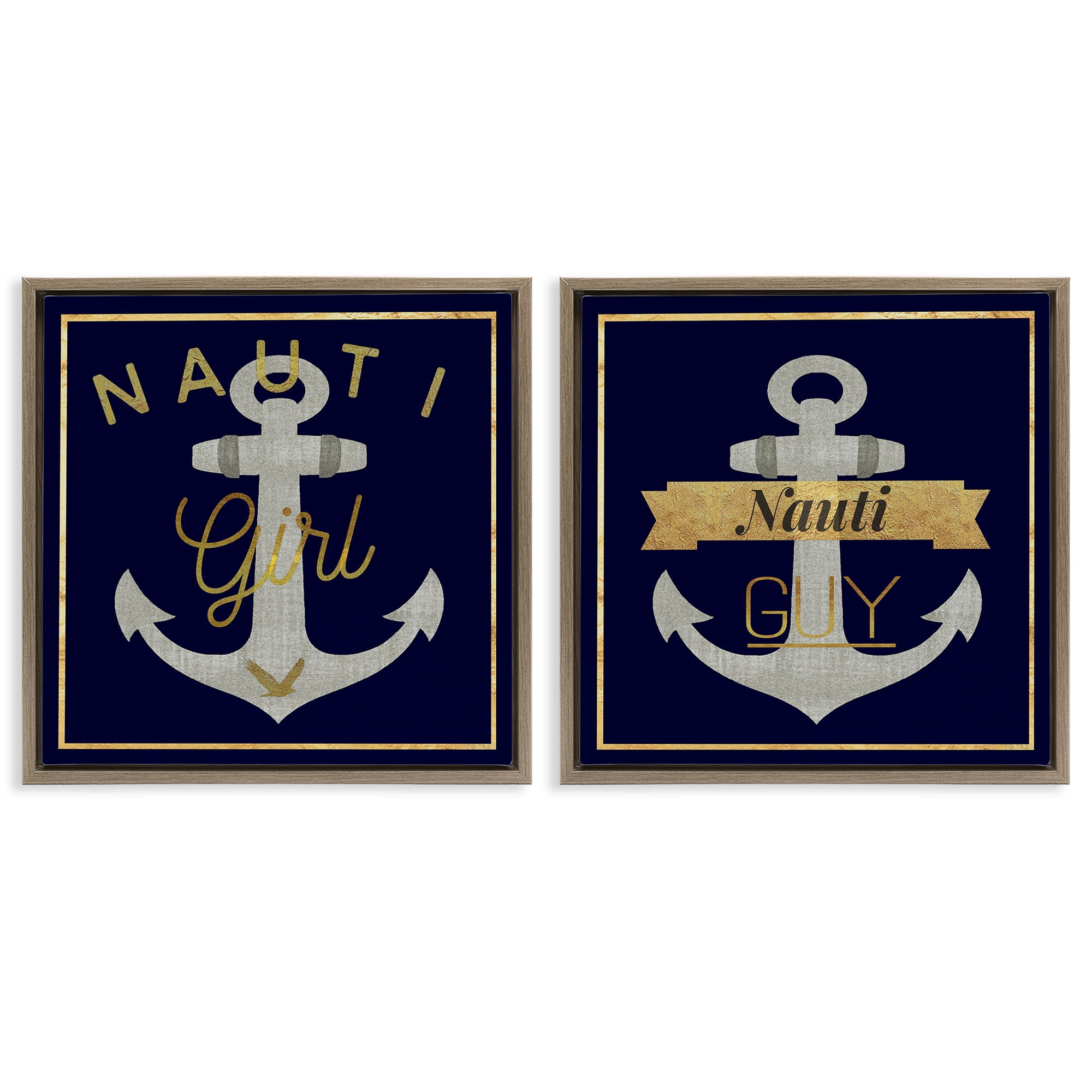Stupell Industries Nauti Girl & Guy Anchors Nautical & Beach Painting Brown Floater Framed Canvas Art Print Wall Art, 18 x 18, Set of 2