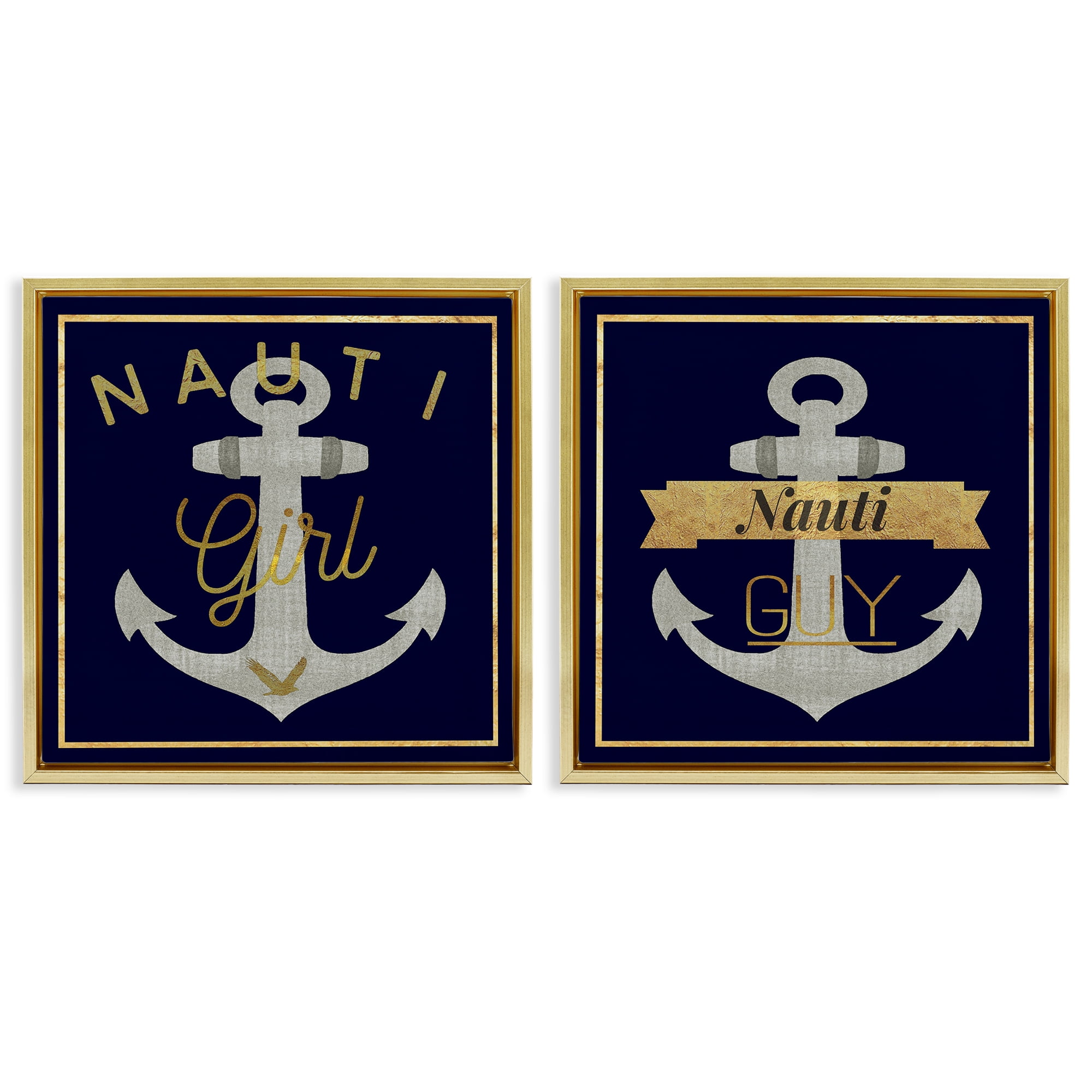 Stupell Industries Nauti Girl & Guy Anchors Nautical & Beach Painting Gold Floater Framed Canvas Art Print Wall Art, 18 x 18, Set of 2