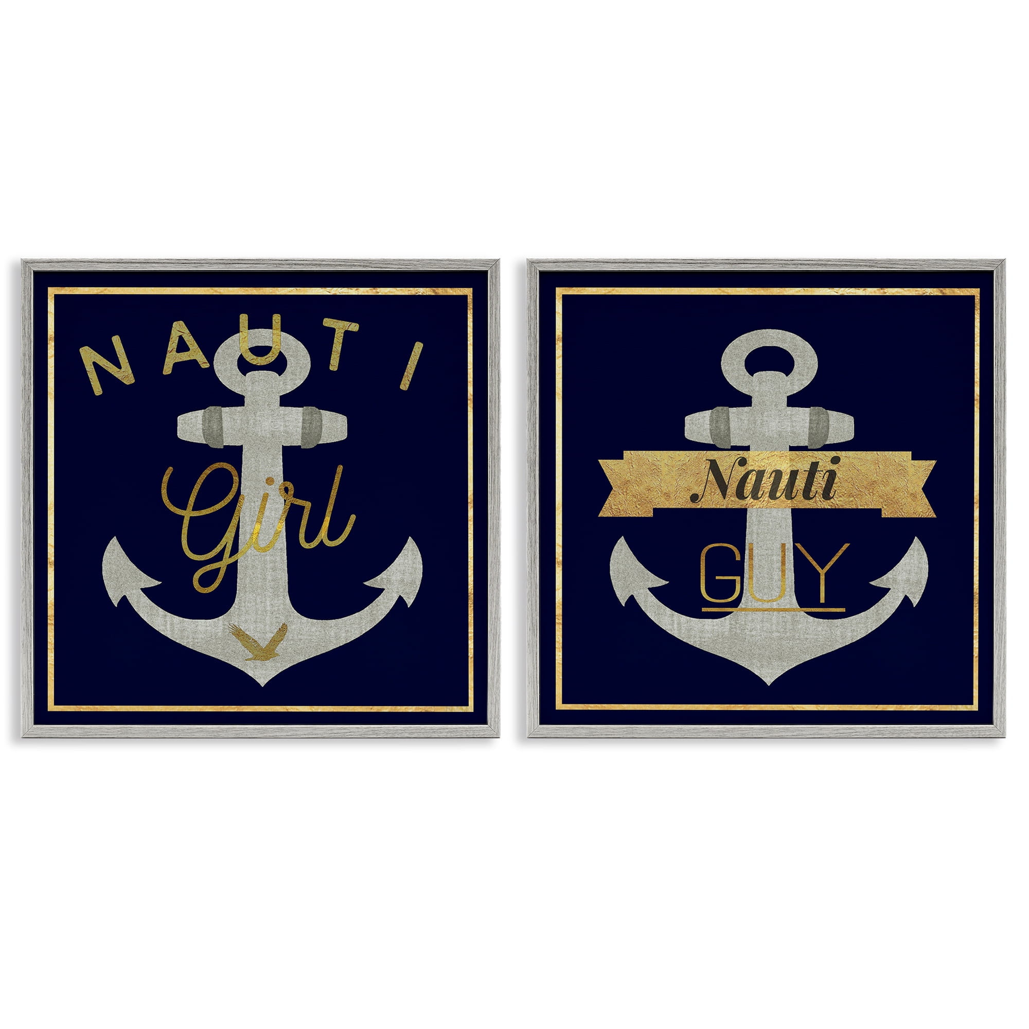 Stupell Industries Nauti Girl & Guy Anchors Nautical & Beach Painting Gray Framed Art Print Wall Art, 12 x 12, Set of 2