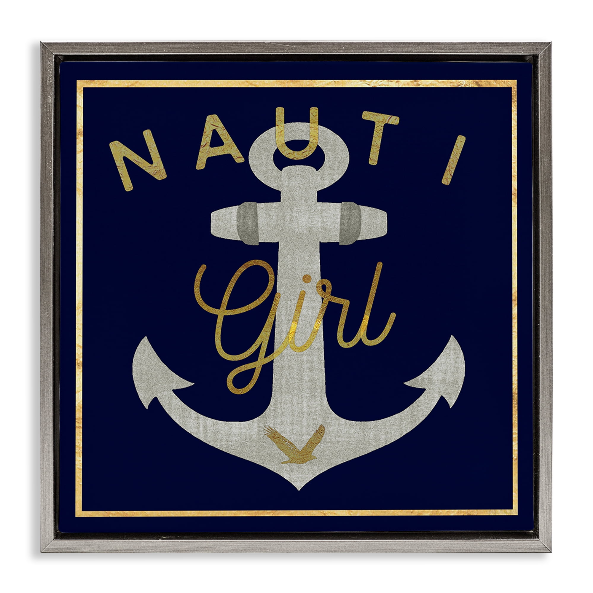 Stupell Industries Nauti Girl with Anchor Novelty & Humor Painting Gray Floater Framed Canvas Art Print Wall Art, 18 x 18