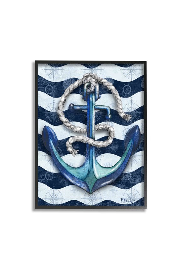 Industries Nautical Anchor Wavy Navy Stripes Graphic Art Black Framed Art Print Wall Art, Design by Paul Brent