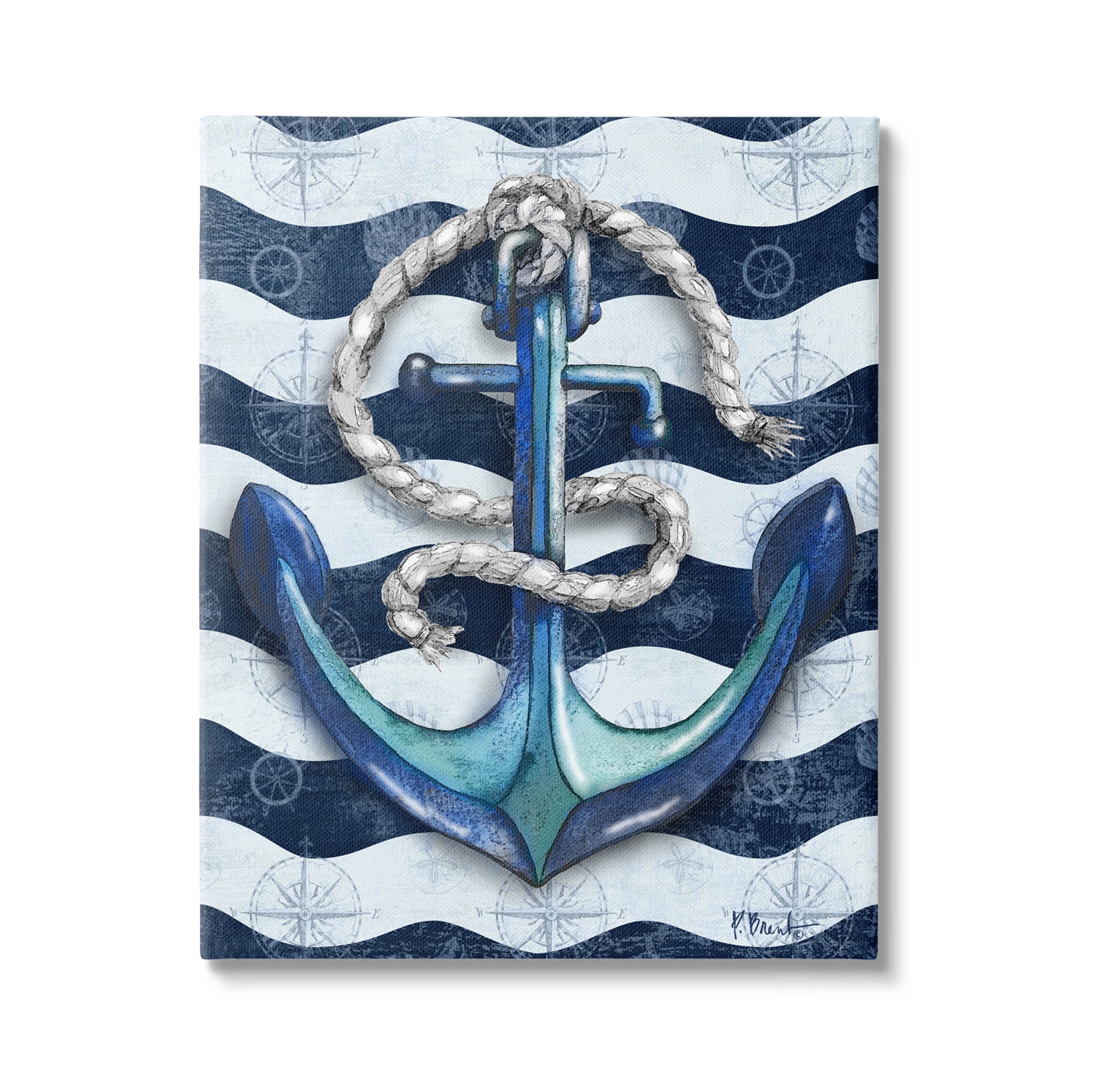 Stupell Industries Nautical Anchor Wavy Navy Stripes Graphic Art Gallery Wrapped Canvas Print Wall Art, Design by Paul Brent