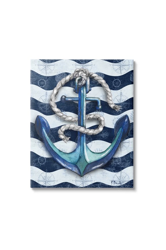 Industries Nautical Anchor Wavy Navy Stripes Graphic Art Gallery Wrapped Canvas Print Wall Art, Design by Paul Brent