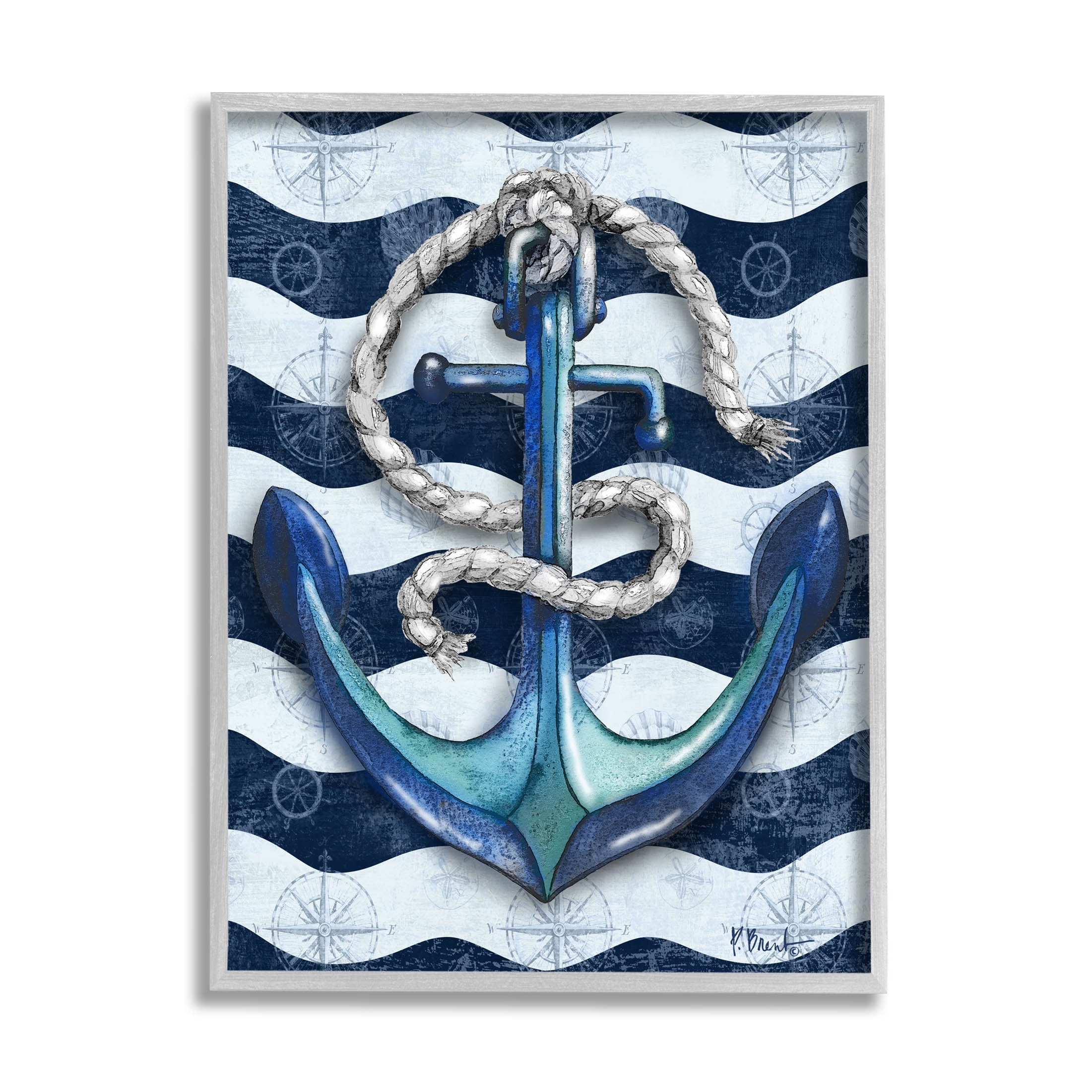 Stupell Industries Nautical Anchor Wavy Navy Stripes Graphic Art Gray Framed Art Print Wall Art, Design by Paul Brent