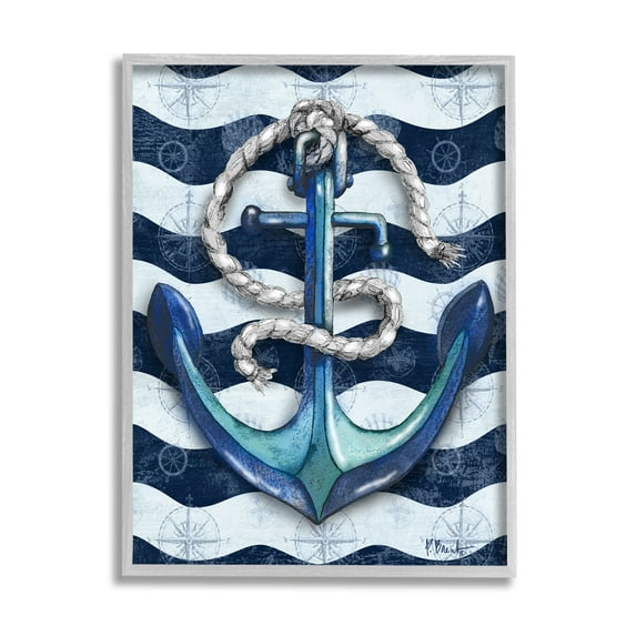 Stupell Industries Nautical Anchor Wavy Navy Stripes Graphic Art Gray Framed Art Print Wall Art, Design by Paul Brent