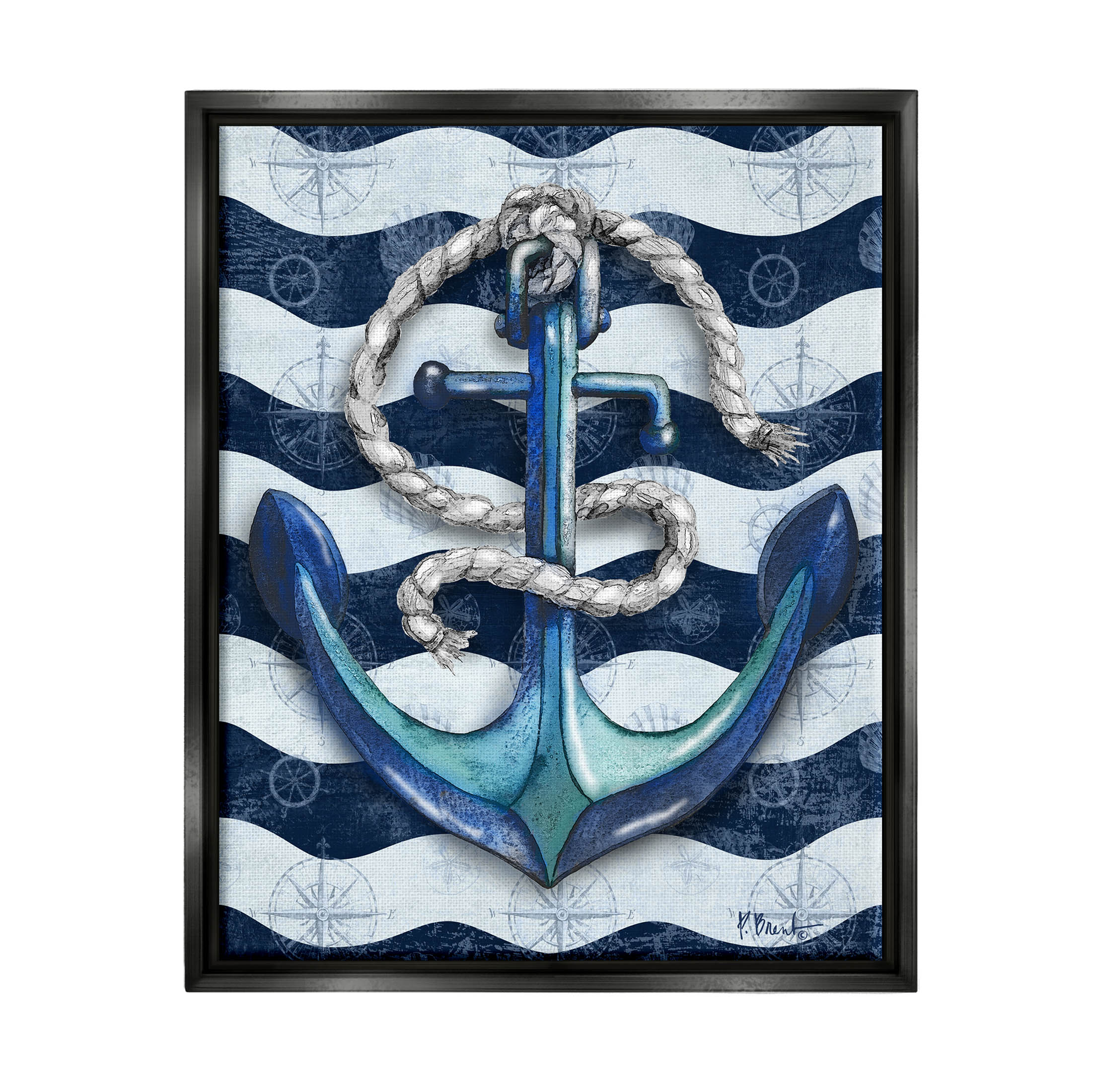 Stupell Industries Nautical Anchor Wavy Navy Stripes Graphic Art Jet Black Floating Framed Canvas Print Wall Art, Design by Paul Brent