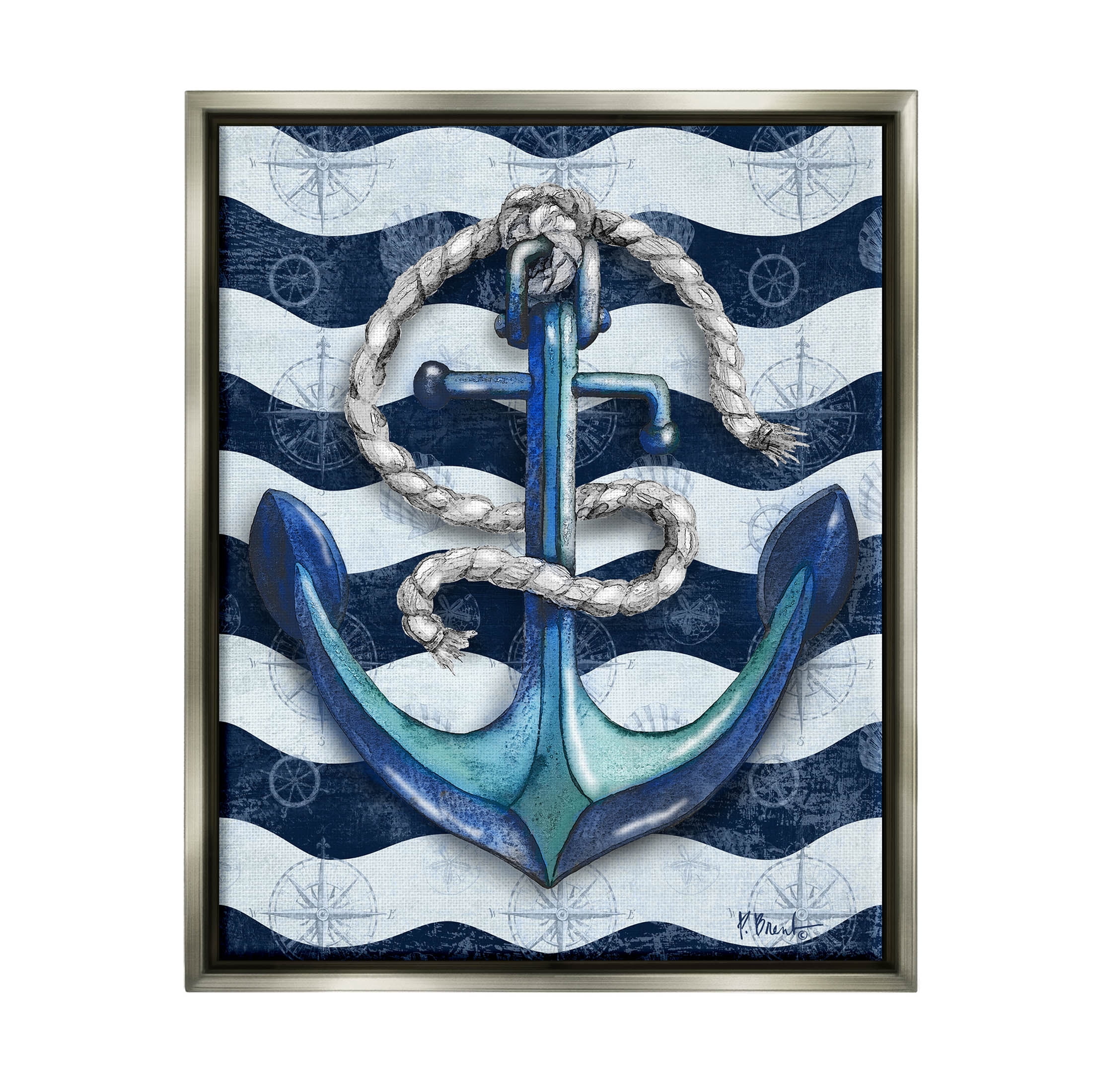 Stupell Industries Nautical Anchor Wavy Navy Stripes Graphic Art Luster Gray Floating Framed Canvas Print Wall Art, Design by Paul Brent