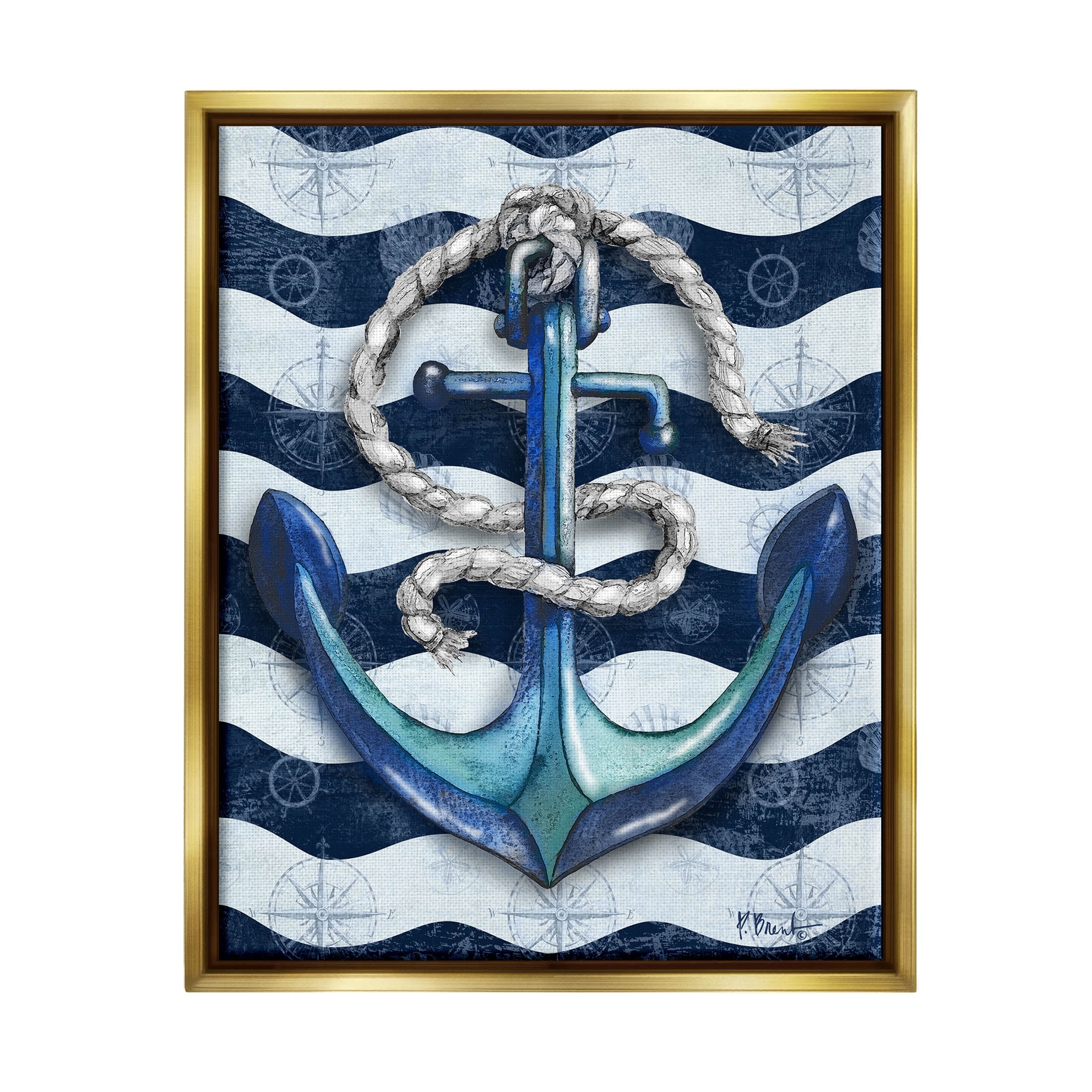 Stupell Industries Nautical Anchor Wavy Navy Stripes Graphic Art Metallic Gold Floating Framed Canvas Print Wall Art, Design by Paul Brent