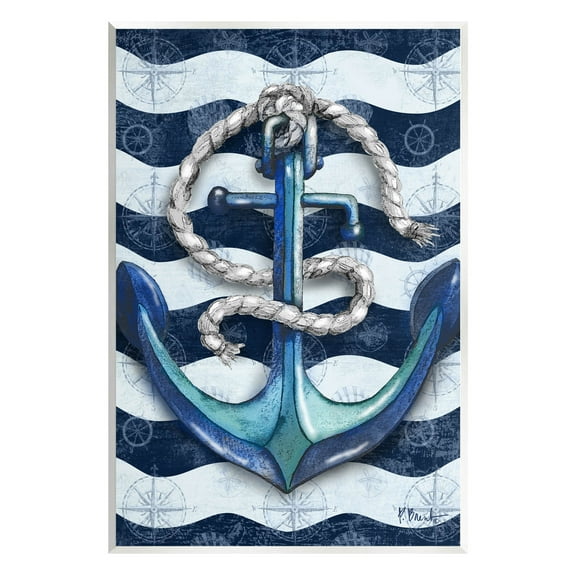 Stupell Industries Nautical Anchor Wavy Navy Stripes Graphic Art Unframed Art Print Wall Art, Design by Paul Brent