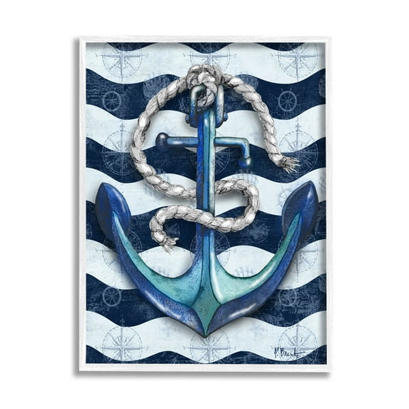 Stupell Industries Nautical Anchor Wavy Navy Stripes Graphic Art White Framed Art Print Wall Art, Design by Paul Brent