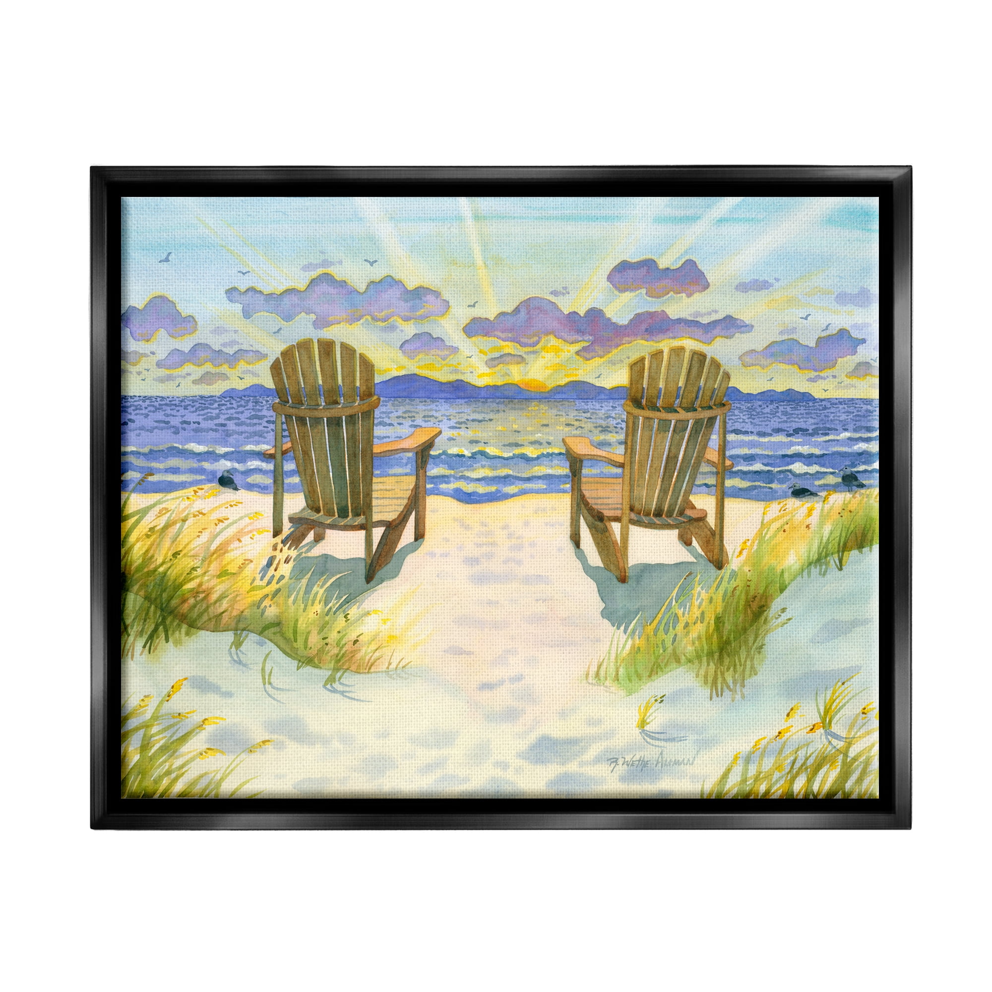 Stupell Industries Nautical Beach Chairs View Nature Painting Black Floater Framed Art Print Wall Art, 31 x 25