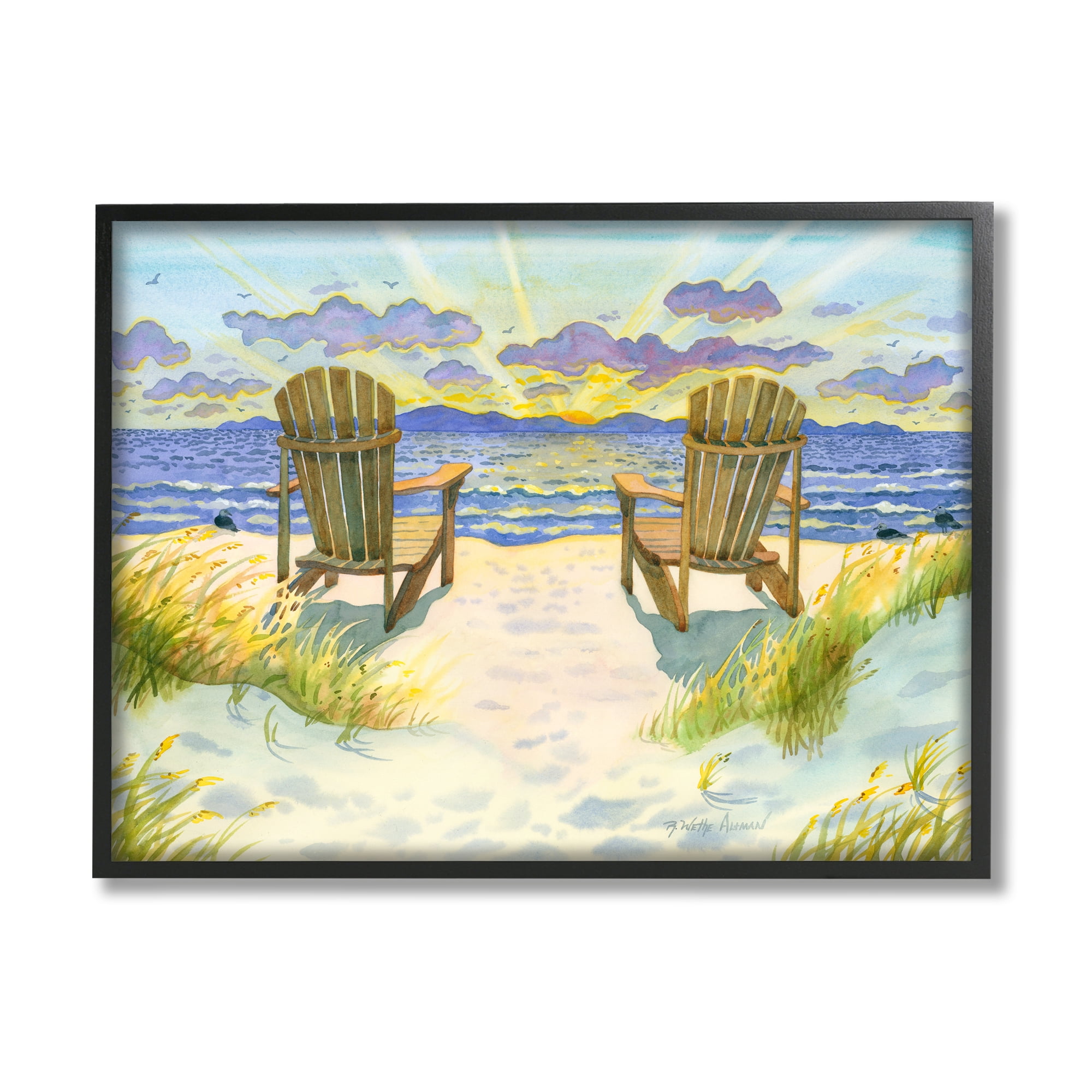 Stupell Industries Nautical Beach Chairs View Nature Painting Black Framed Art Print Wall Art, 20 x 16