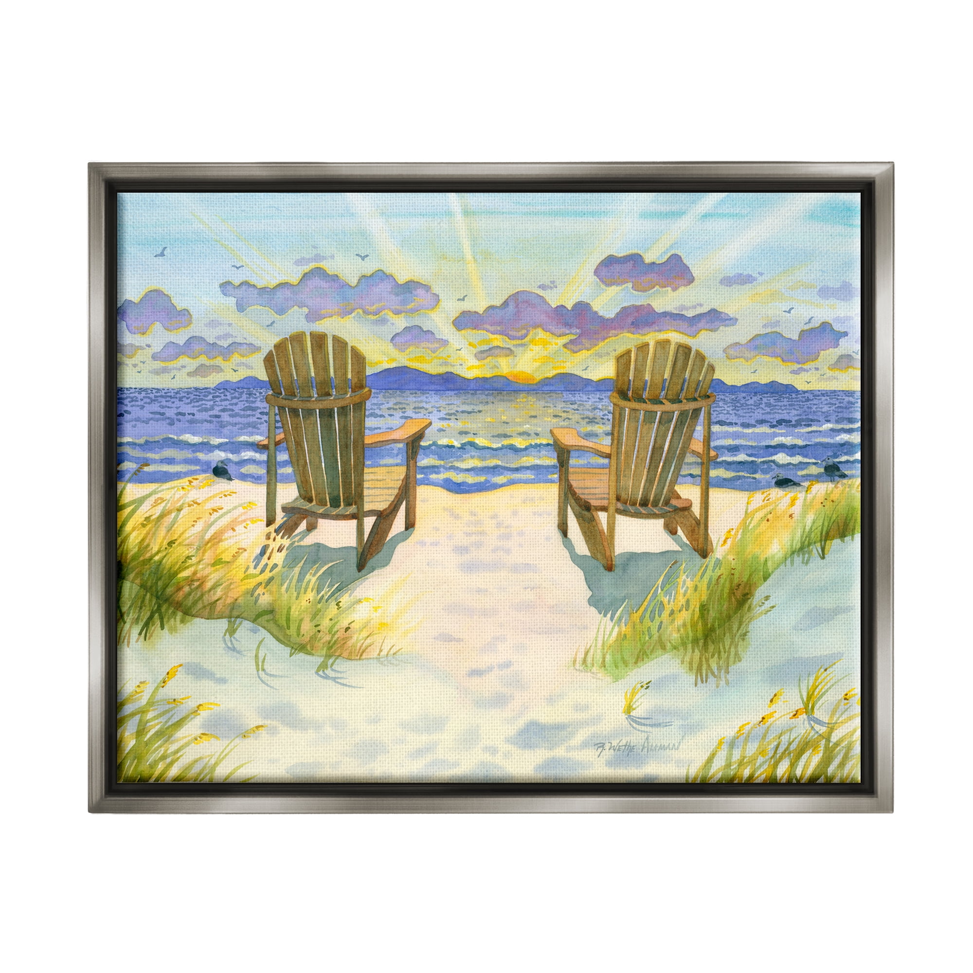 Stupell Industries Nautical Beach Chairs View Nature Painting Gray Floater Framed Art Print Wall Art, 31 x 25