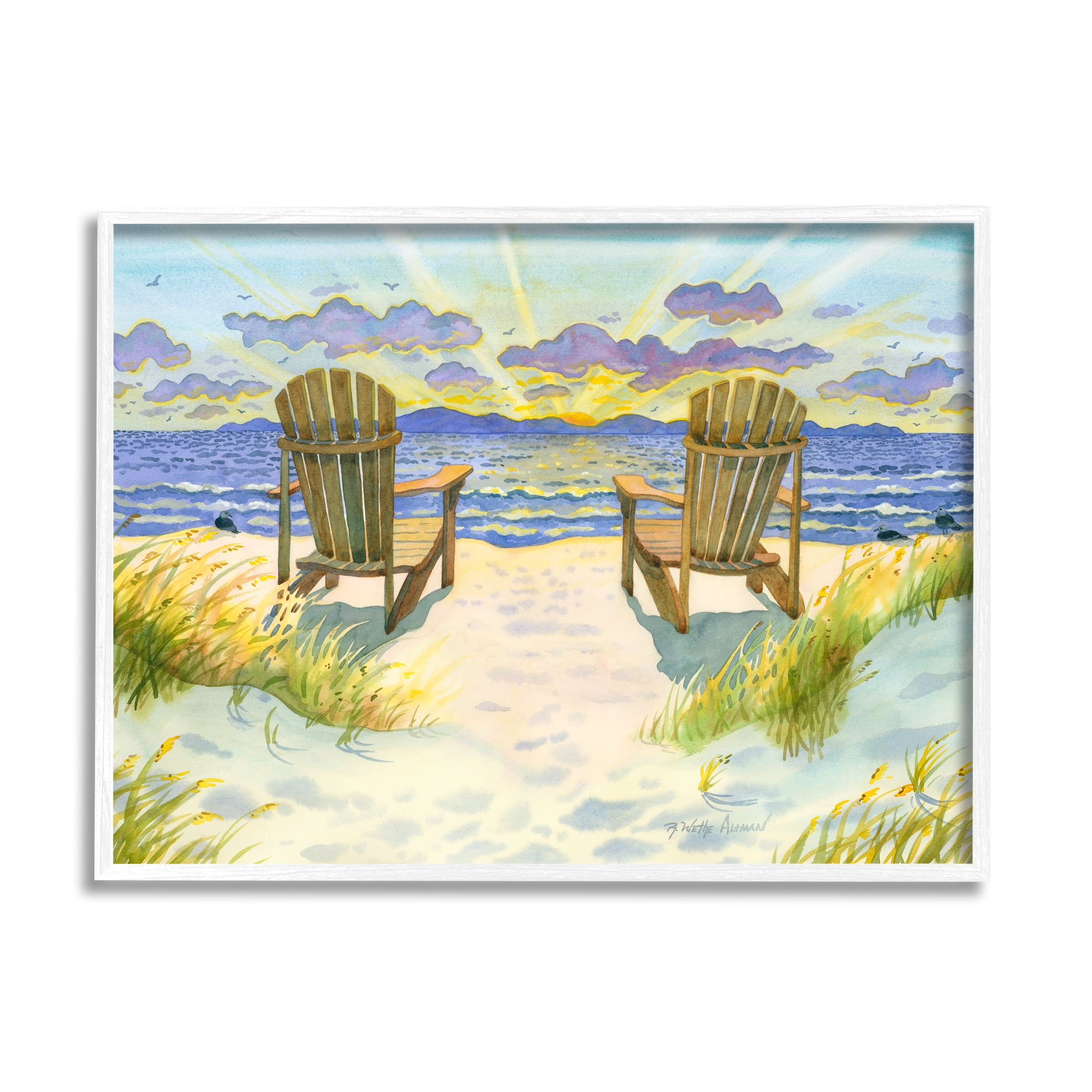 Stupell Industries Nautical Beach Chairs View Nature Painting White Framed Art Print Wall Art, 14 x 11