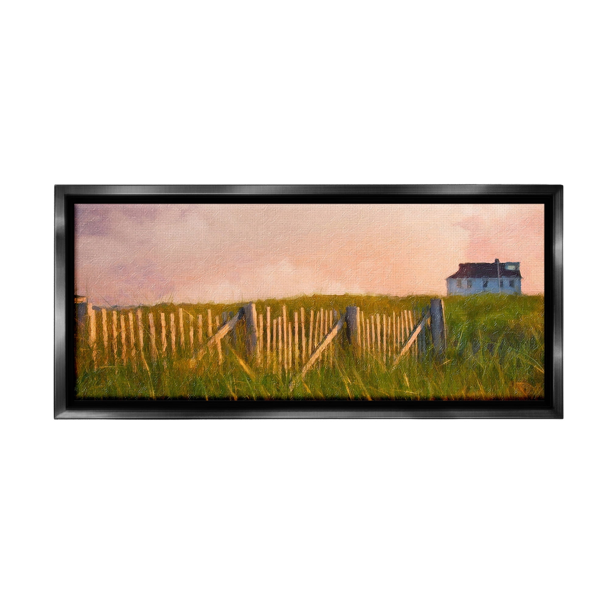 Stupell Industries Nautical Beach Cottage Landscape Painting Black Floater Framed Canvas Art Print Wall Art, 31 x 14