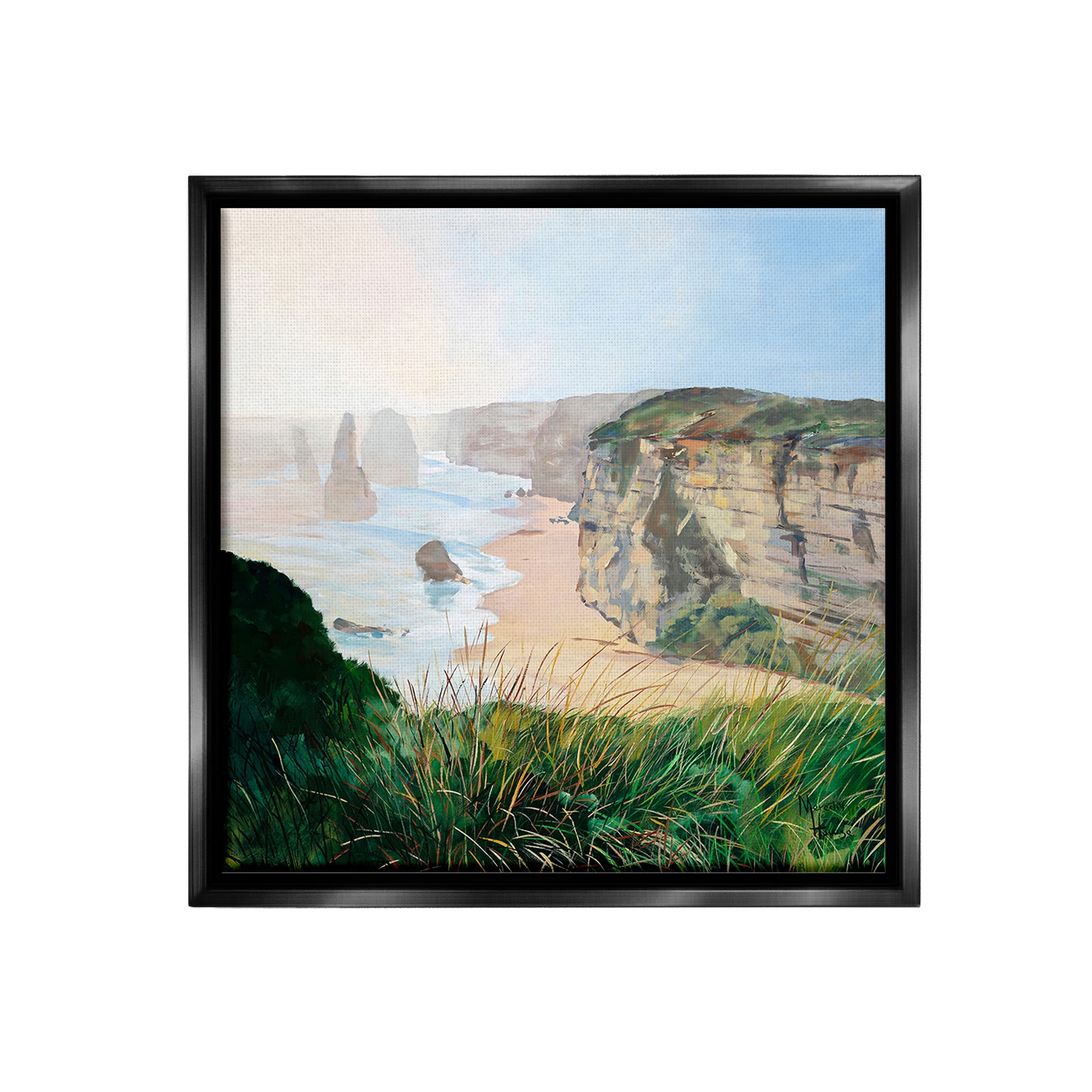 Stupell Industries Nautical Beach Cove Landscape Painting Black Floater Framed Canvas Art Print Wall Art, 18 x 18