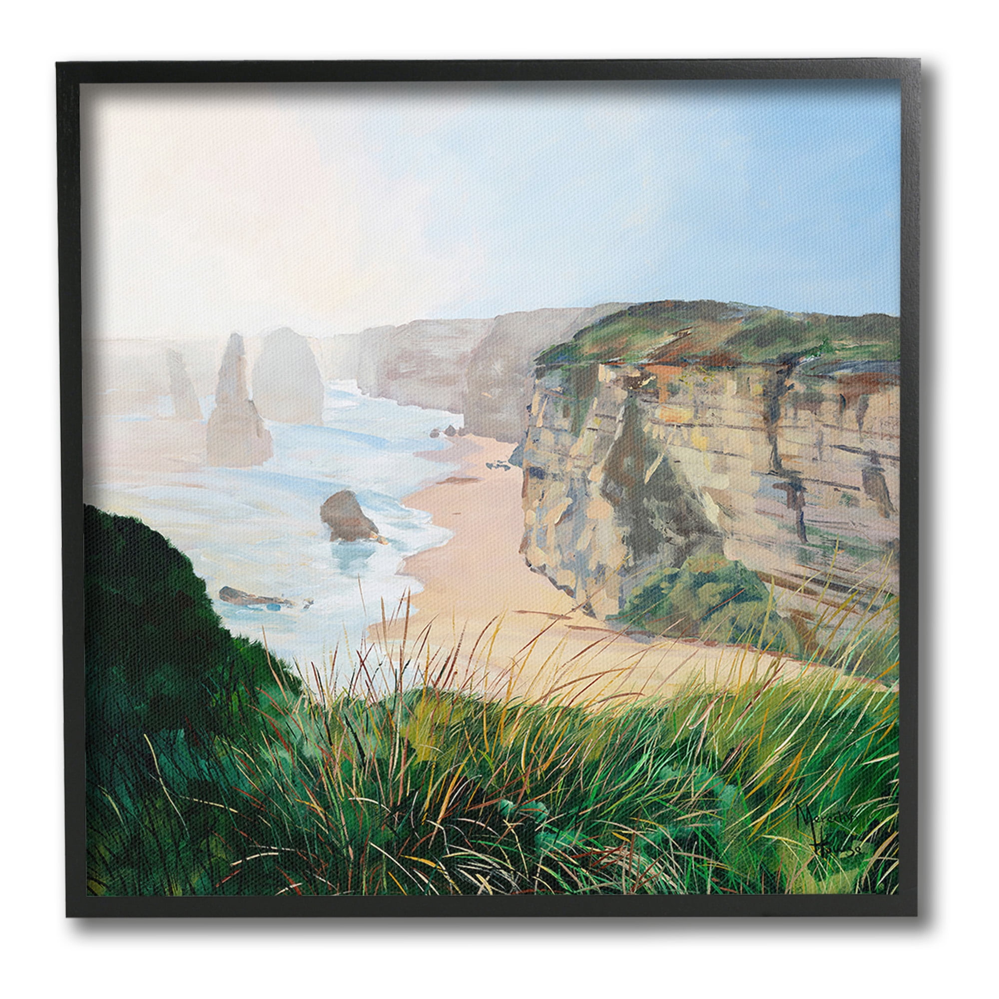 Stupell Industries Nautical Beach Cove Landscape Painting Black Framed Art Print Wall Art, 24 x 24