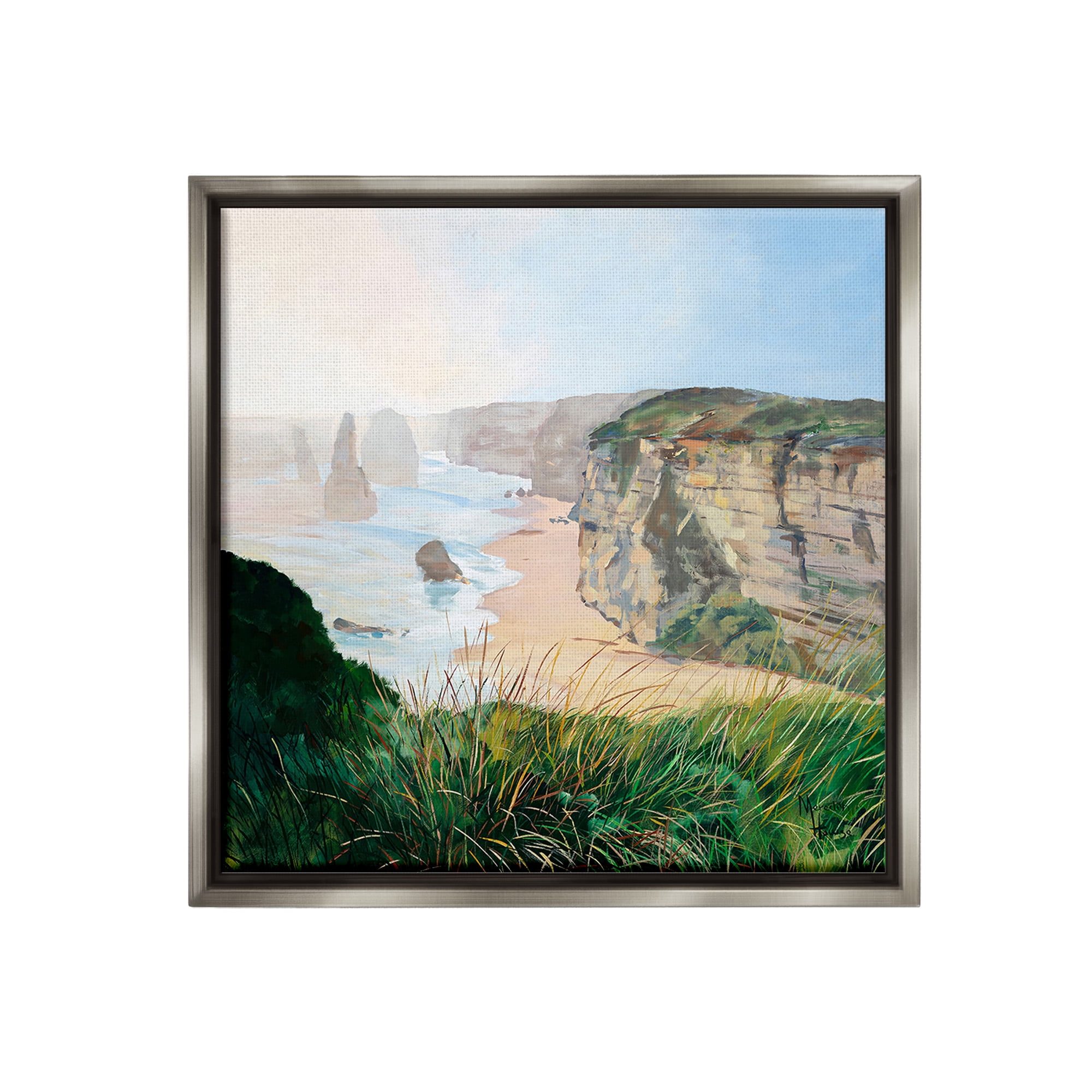 Stupell Industries Nautical Beach Cove Landscape Painting Gray Floater Framed Canvas Art Print Wall Art, 25 x 25