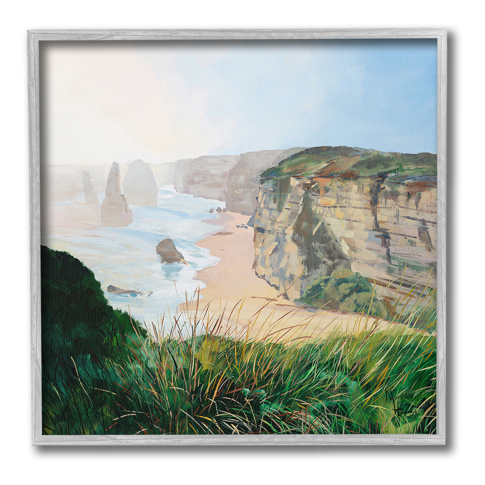 Stupell Industries Nautical Beach Cove Landscape Painting Gray Framed Art Print Wall Art, 12 x 12