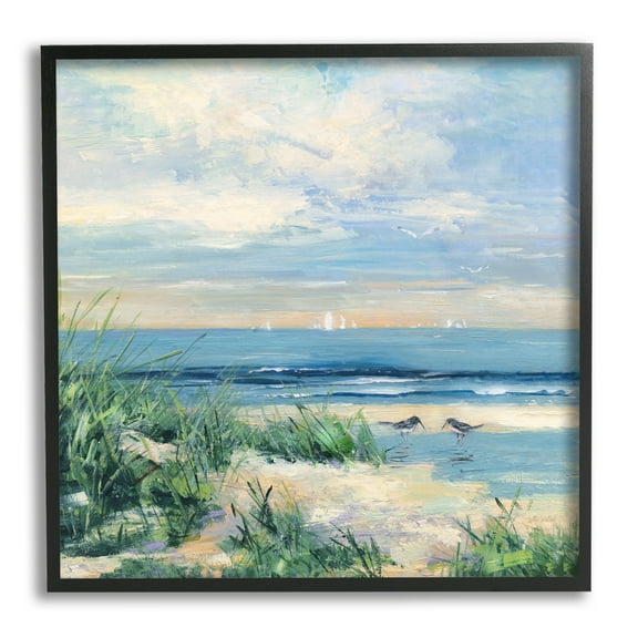 Stupell Industries Nautical Beach Reeds Birds Grazing Shoreline Coastal Painting Black Framed Art Print Wall Art