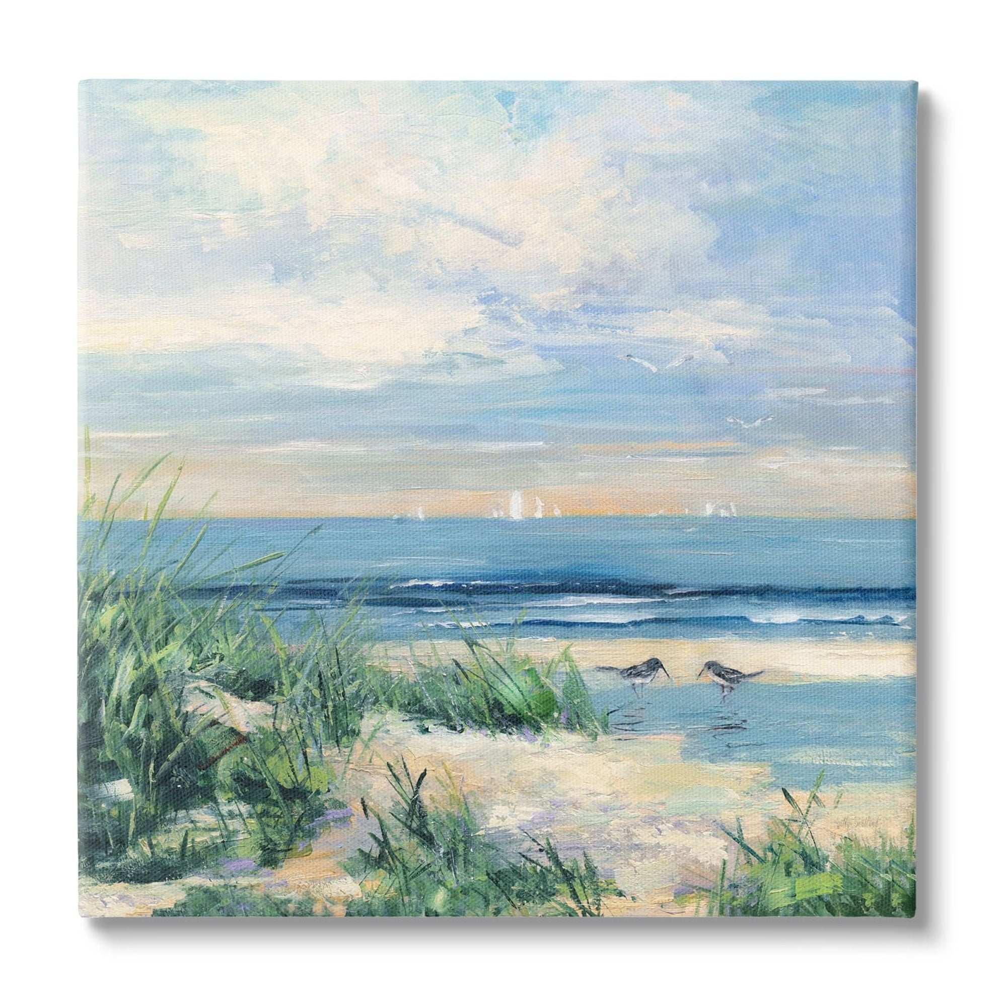30" x 30" Coastal Landscape Canvas with Birds in Blue and Green