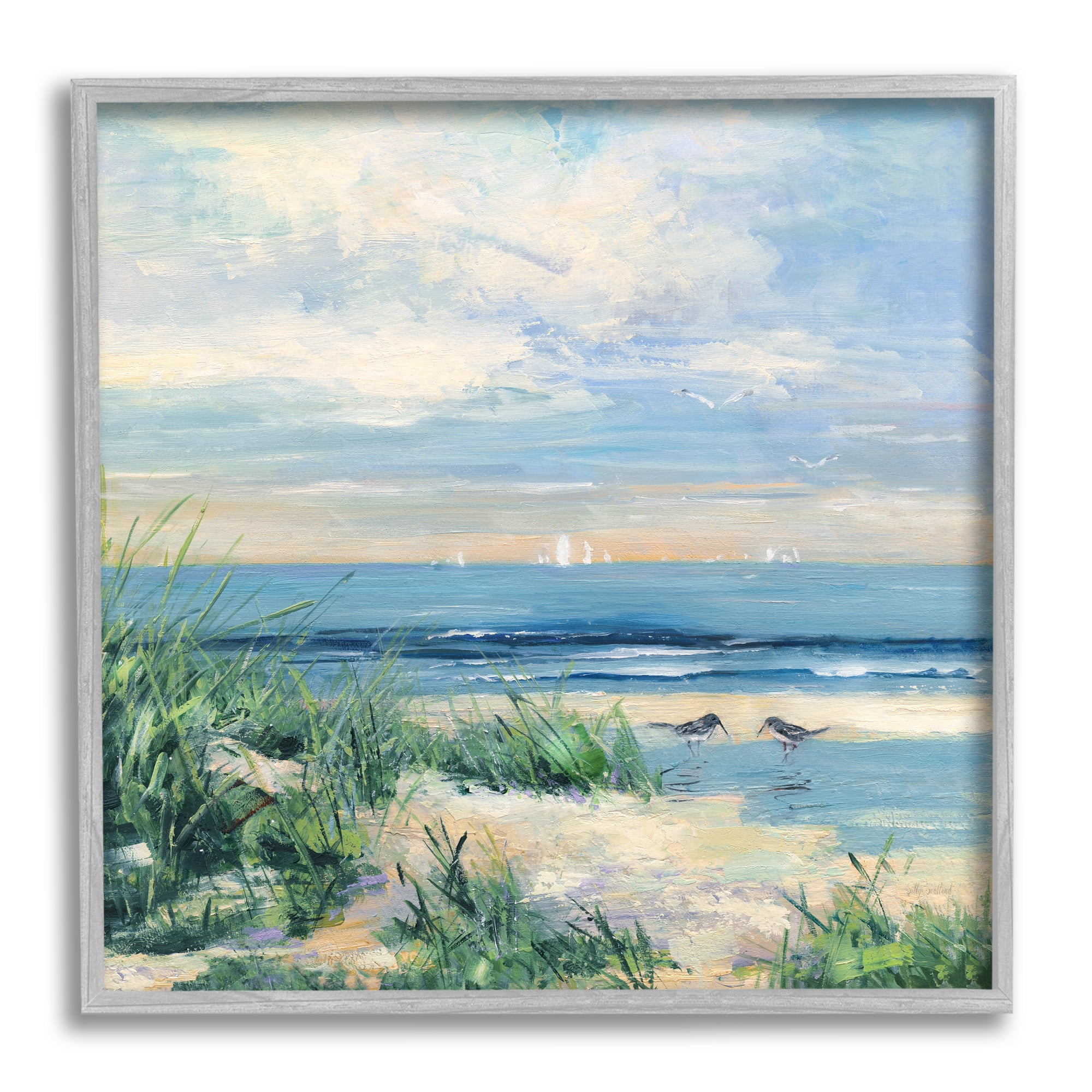 Stupell Industries Nautical Beach Reeds Birds Grazing Shoreline Coastal Painting Gray Framed Art Print Wall Art