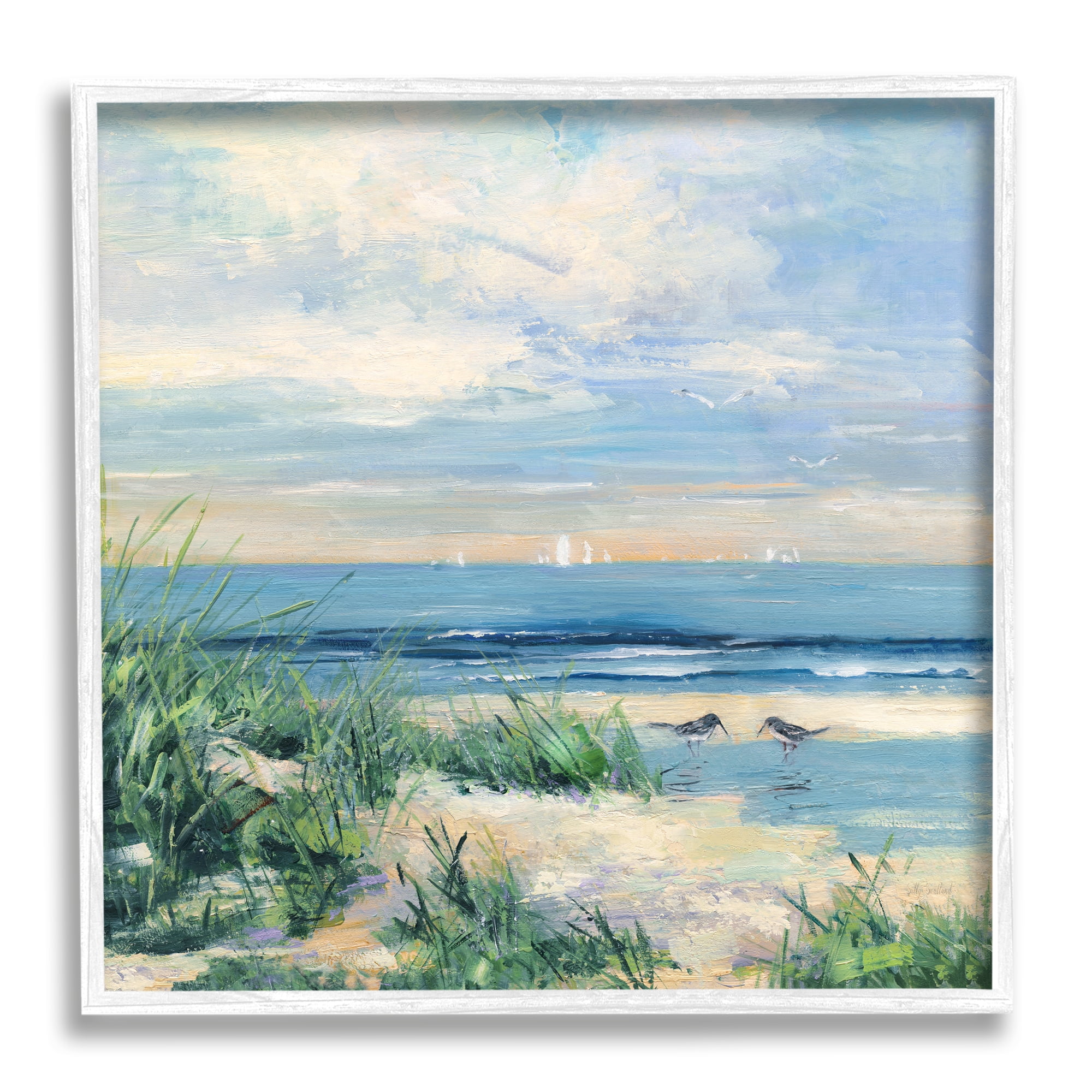 Stupell Industries Nautical Beach Reeds Birds Grazing Shoreline Coastal Painting White Framed Art Print Wall Art