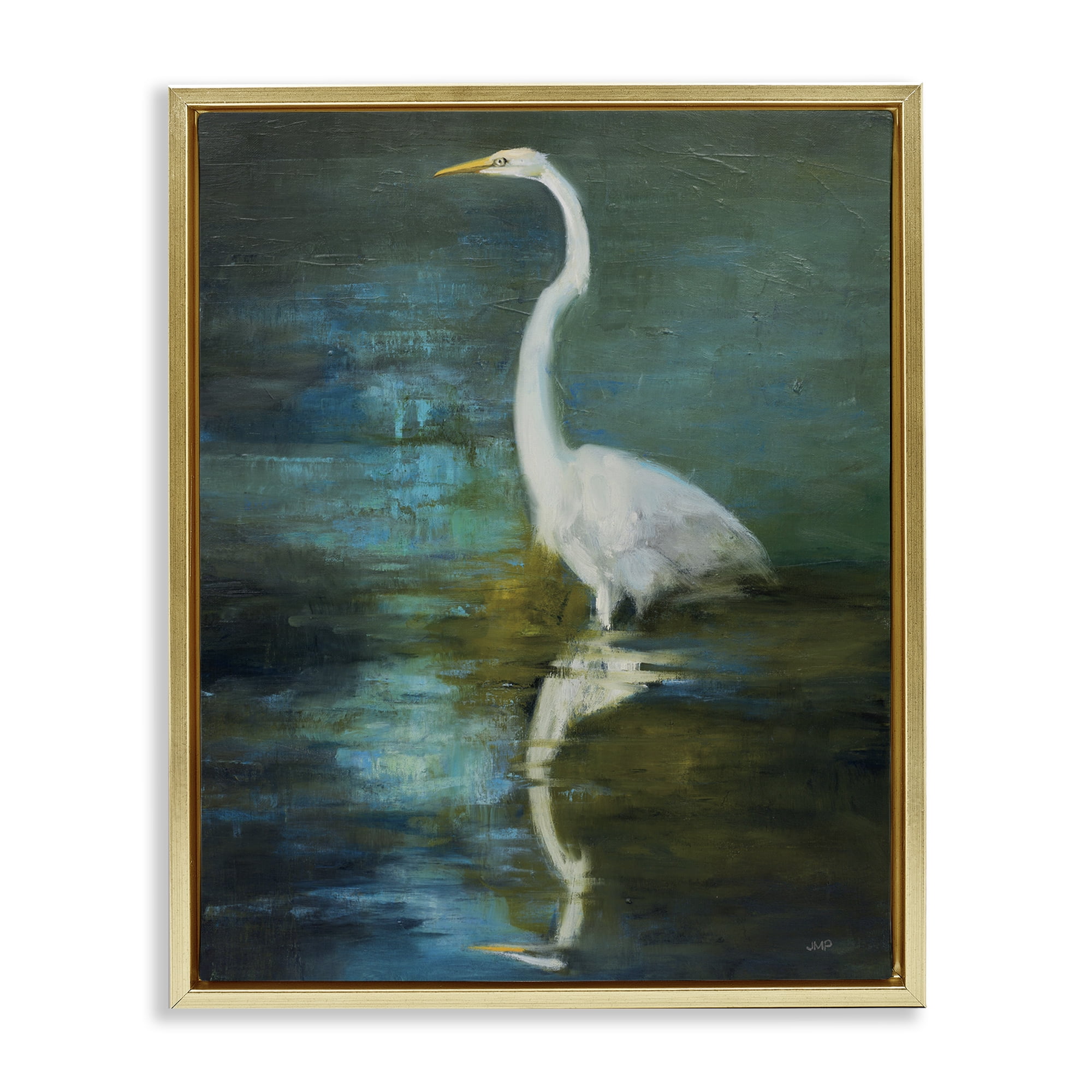 Stupell Industries Nautical Bird Lake Reflection Animals & Insects Painting Gold Floater Framed Canvas Art Print Wall Art, 25 x 31