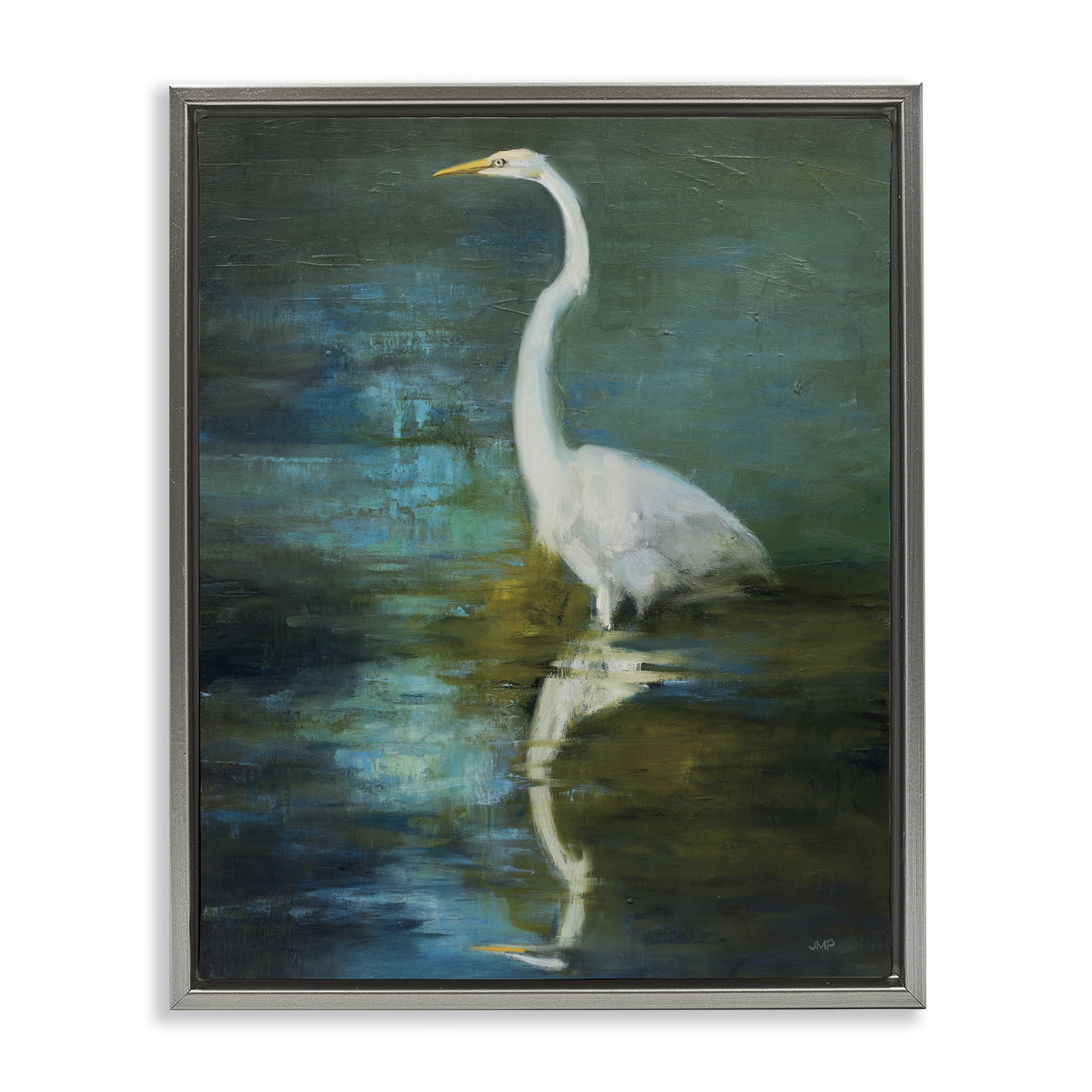 Stupell Industries Nautical Bird Lake Reflection Animals & Insects Painting Gray Floater Framed Canvas Art Print Wall Art, 17 x 21