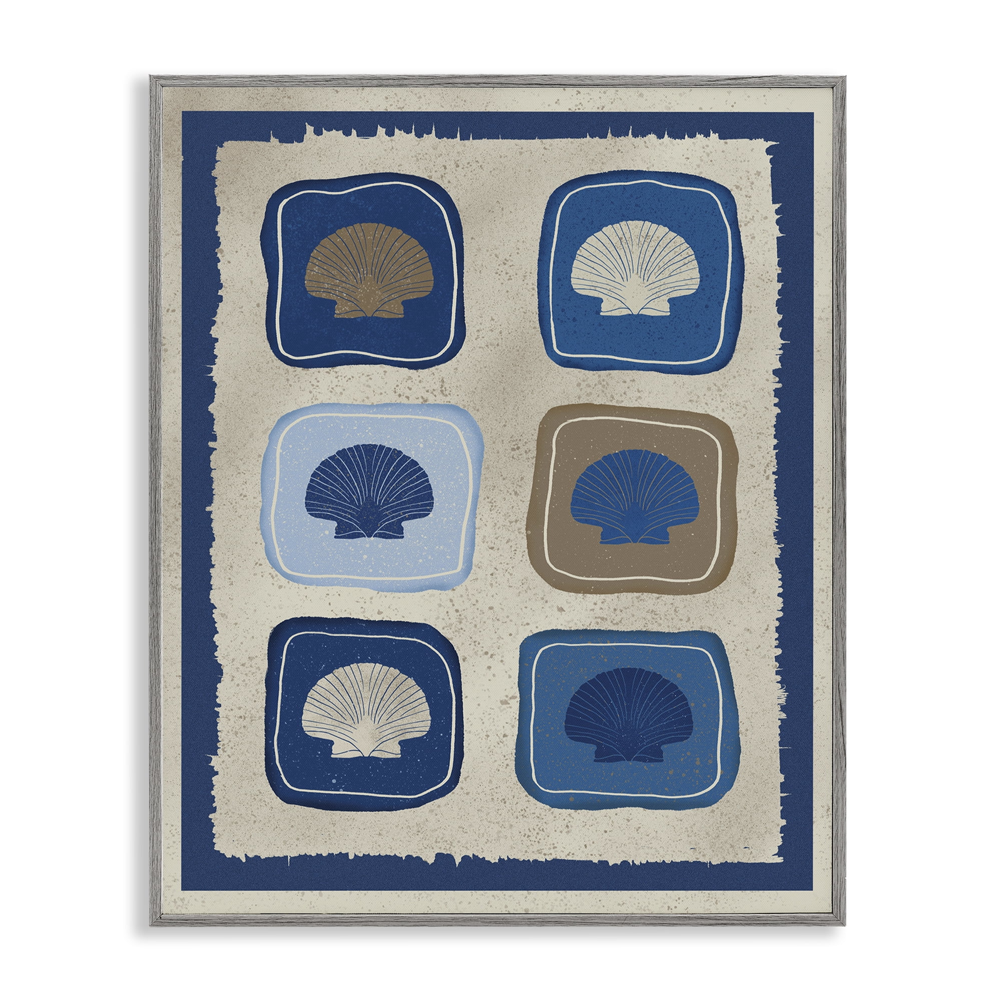 Stupell Industries Nautical Block Shells Gray Framed Giclee Art, design by Julia Frost