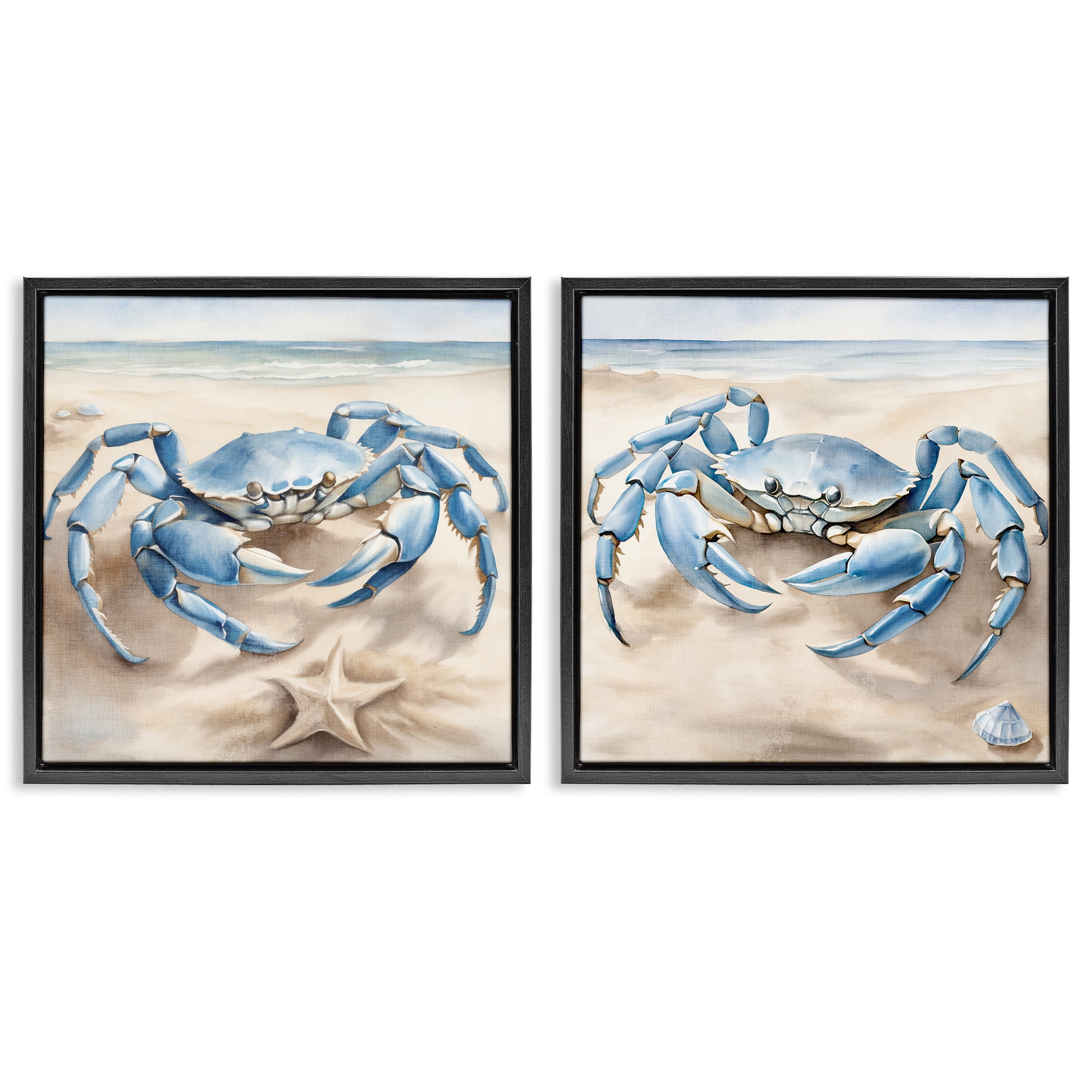 Stupell Industries Nautical Blue Crabs Beach Animals Painting Black Floater Framed Canvas Art Print Wall Art, 18 x 18, Set of 2